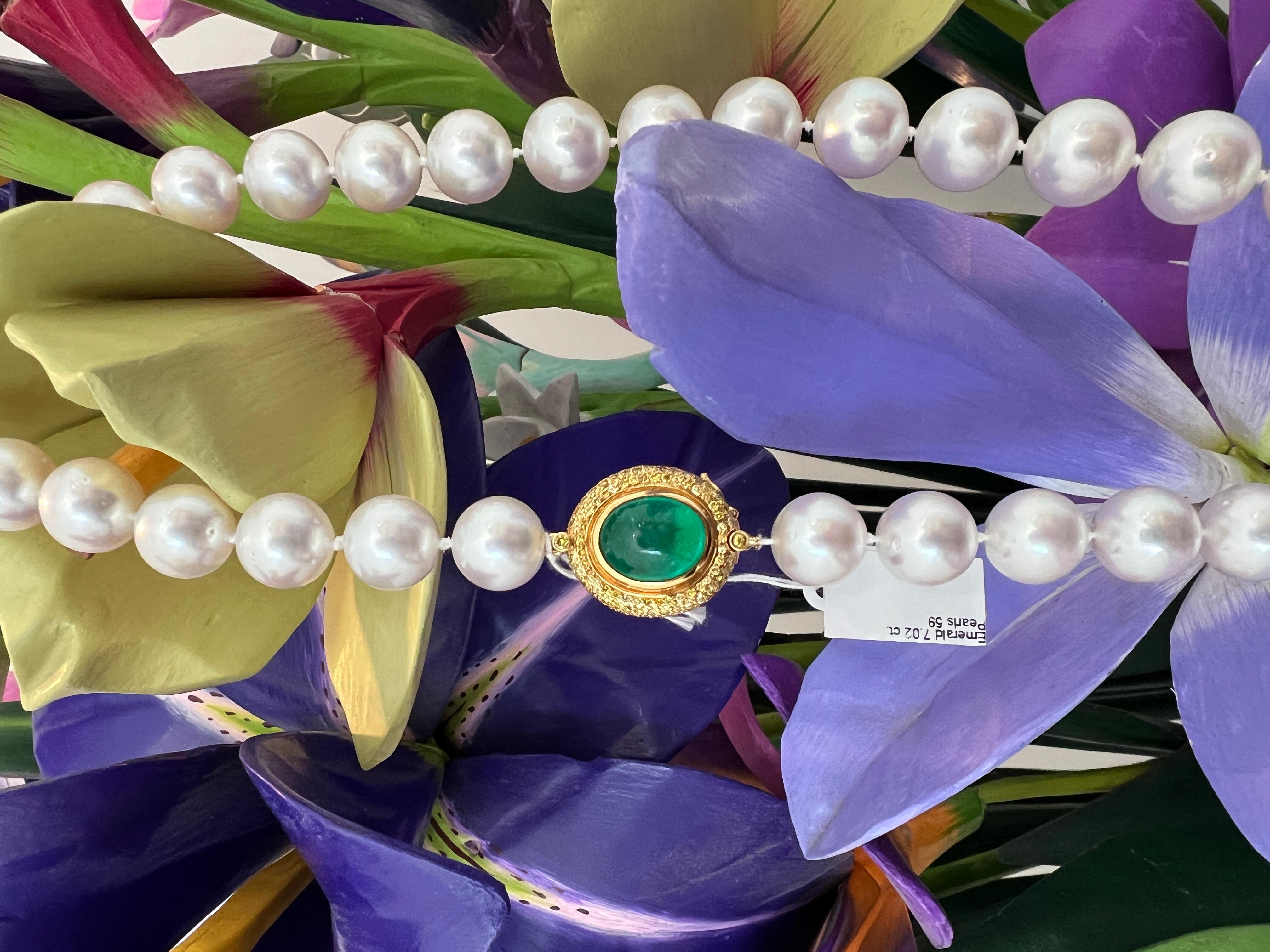 GIA Smaragd Perle und Diamant Halskette  (Rundschliff) im Angebot