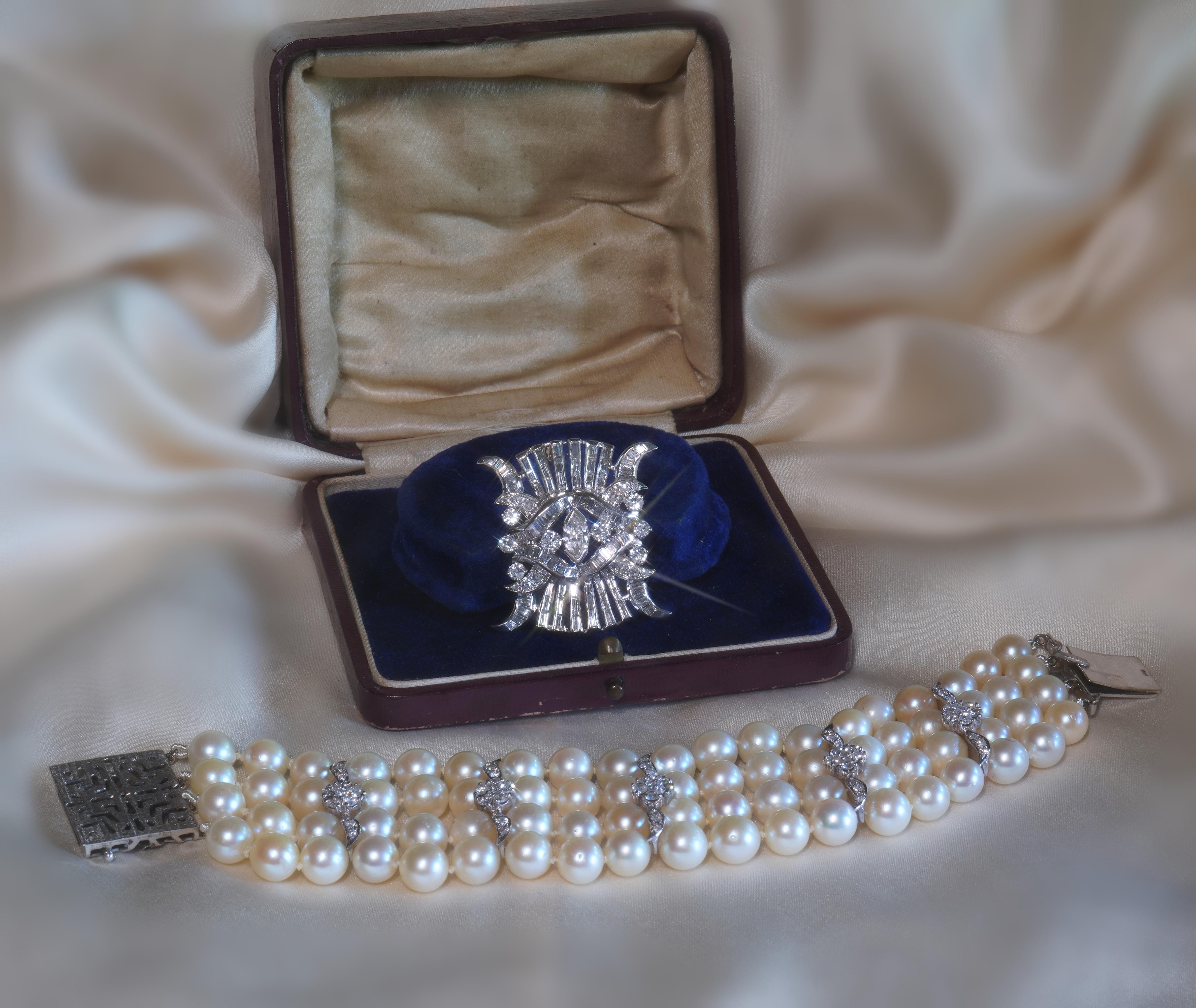 Marquise Cut GIA Pearl Diamond Vintage Bracelet Brooch 14K Antique SouthSea HUGE 9.29 Carats! For Sale