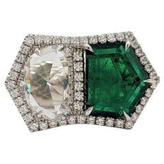 GIA Pentagon Emerald and White Diamond Rosecut Cocktail Ring in Platinum