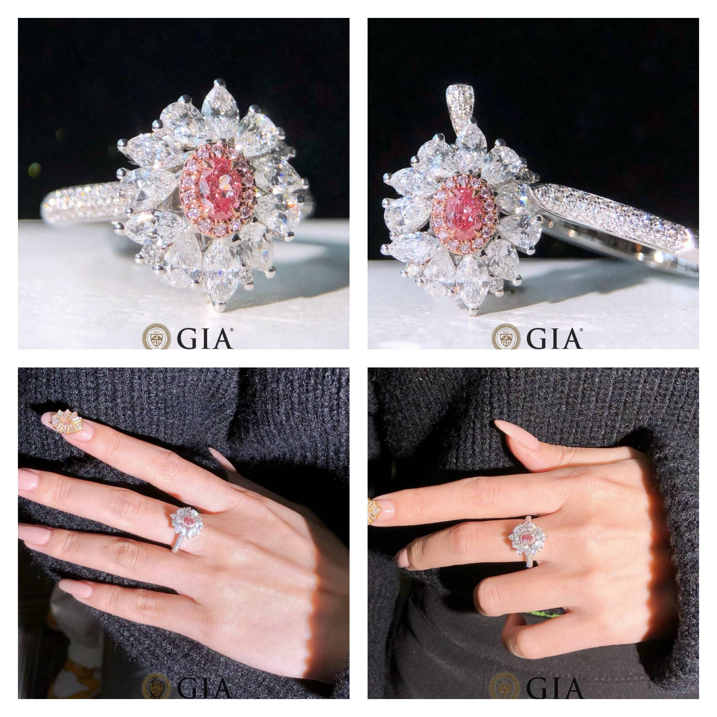En vente :  GIA  Bague à diamant rose et halo de diamant blanc 18k - Eze Jewelry 6