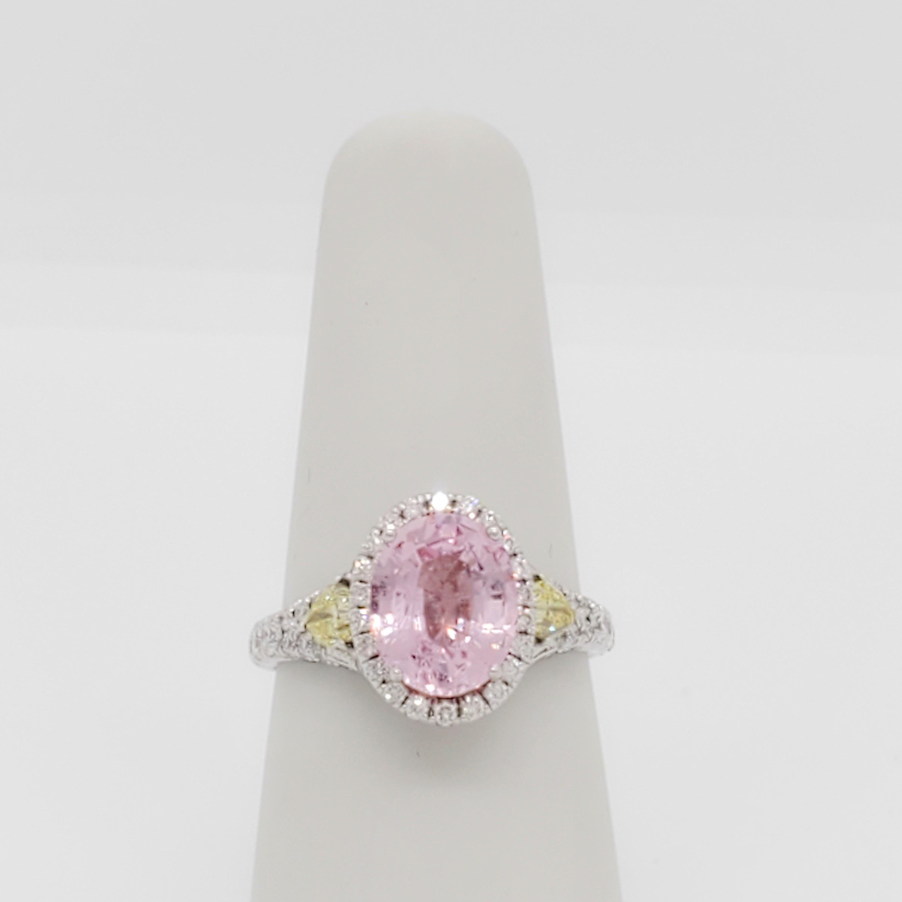 Women's or Men's GIA Pink Sapphire, Yellow and White Diamond Cocktail Ring in 18k White Gold