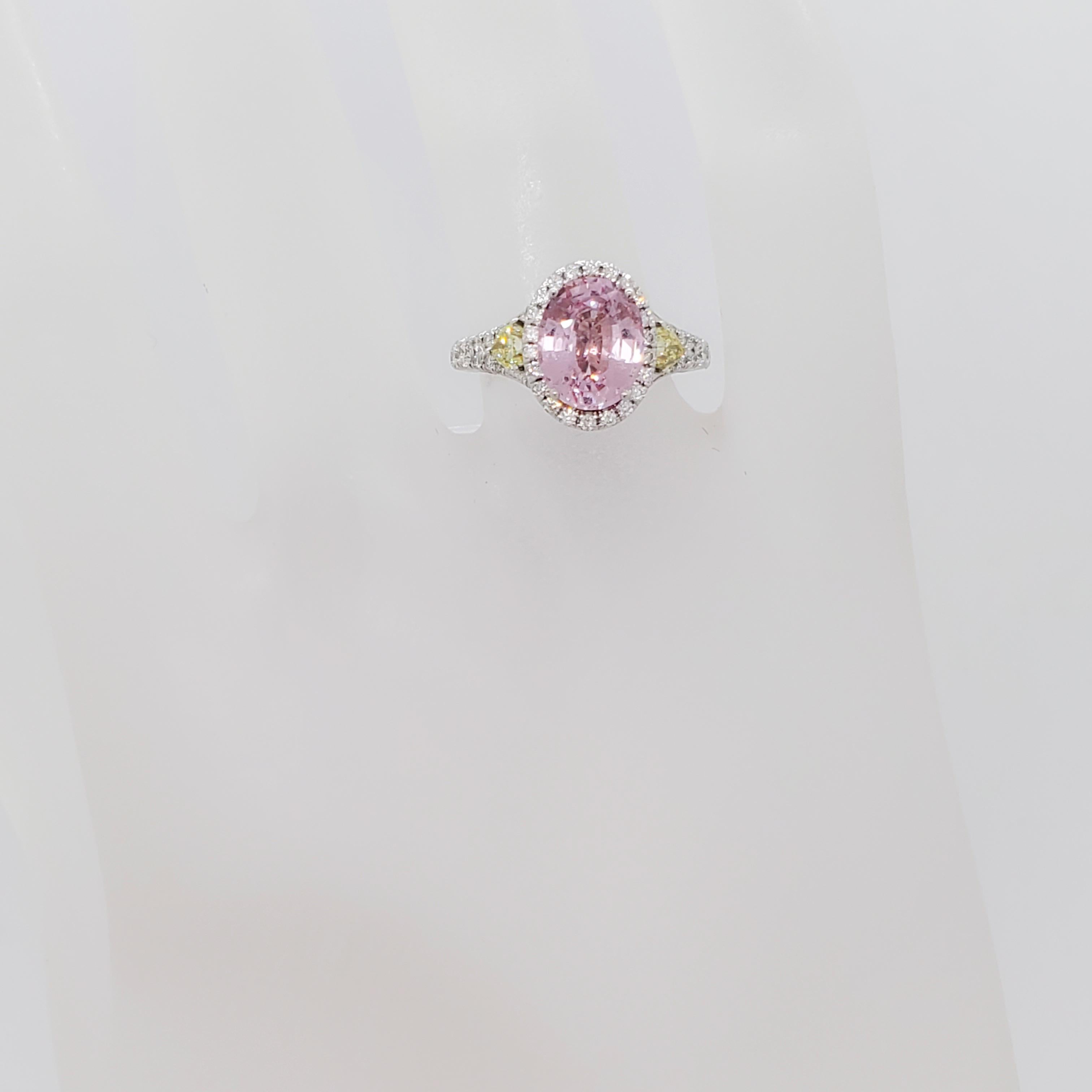 GIA Pink Sapphire, Yellow and White Diamond Cocktail Ring in 18k White Gold 2