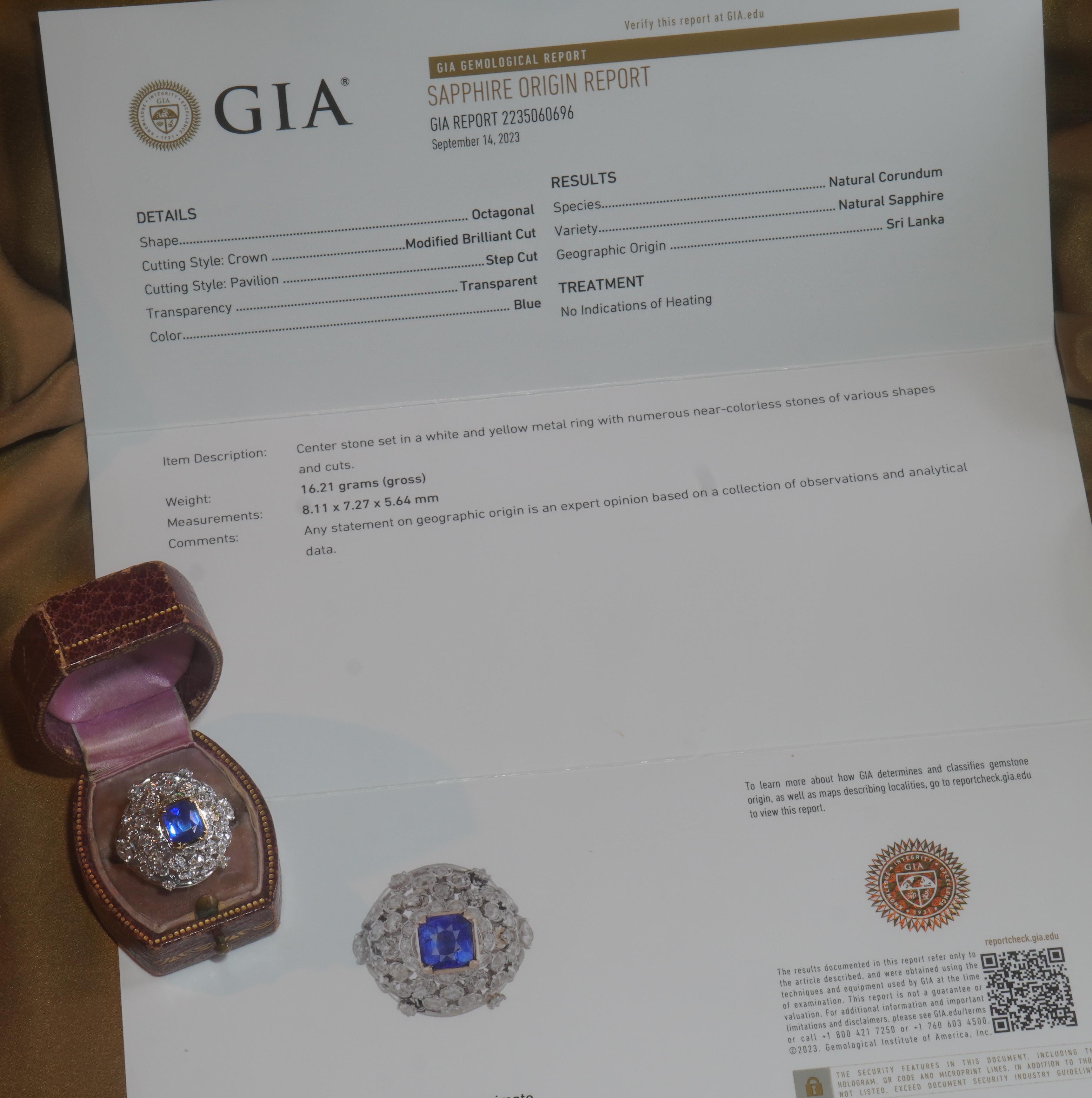Old South Jewels proudly presents...VINTAGE LUXURY... GIA CERTIFIED PLATINUM & 18K 8.27 CARAT UNHEATED SAPPHIRE DIAMOND VINTAGE RING AND BOX.   4.95 CARAT TRANSPARENT BLUE GIA CERTIFIED RARE NO HEAT NATURAL CEYLON SAPPHIRE.   (This Gorgeous Vintage
