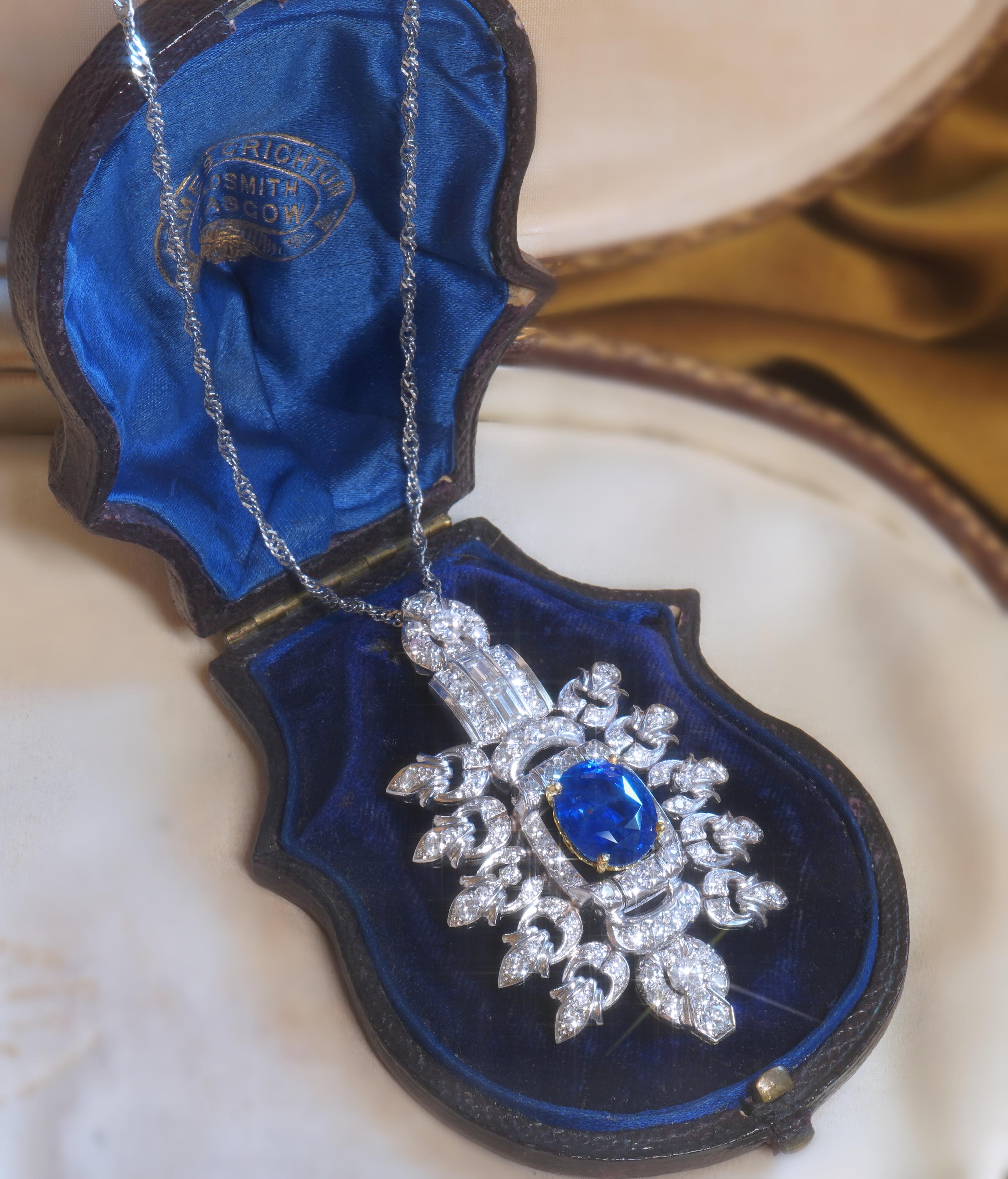 GIA Platinum 18K Blue Sapphire Diamond Pendant Unheated Ceylon Vintage 11.12 Cts For Sale 4