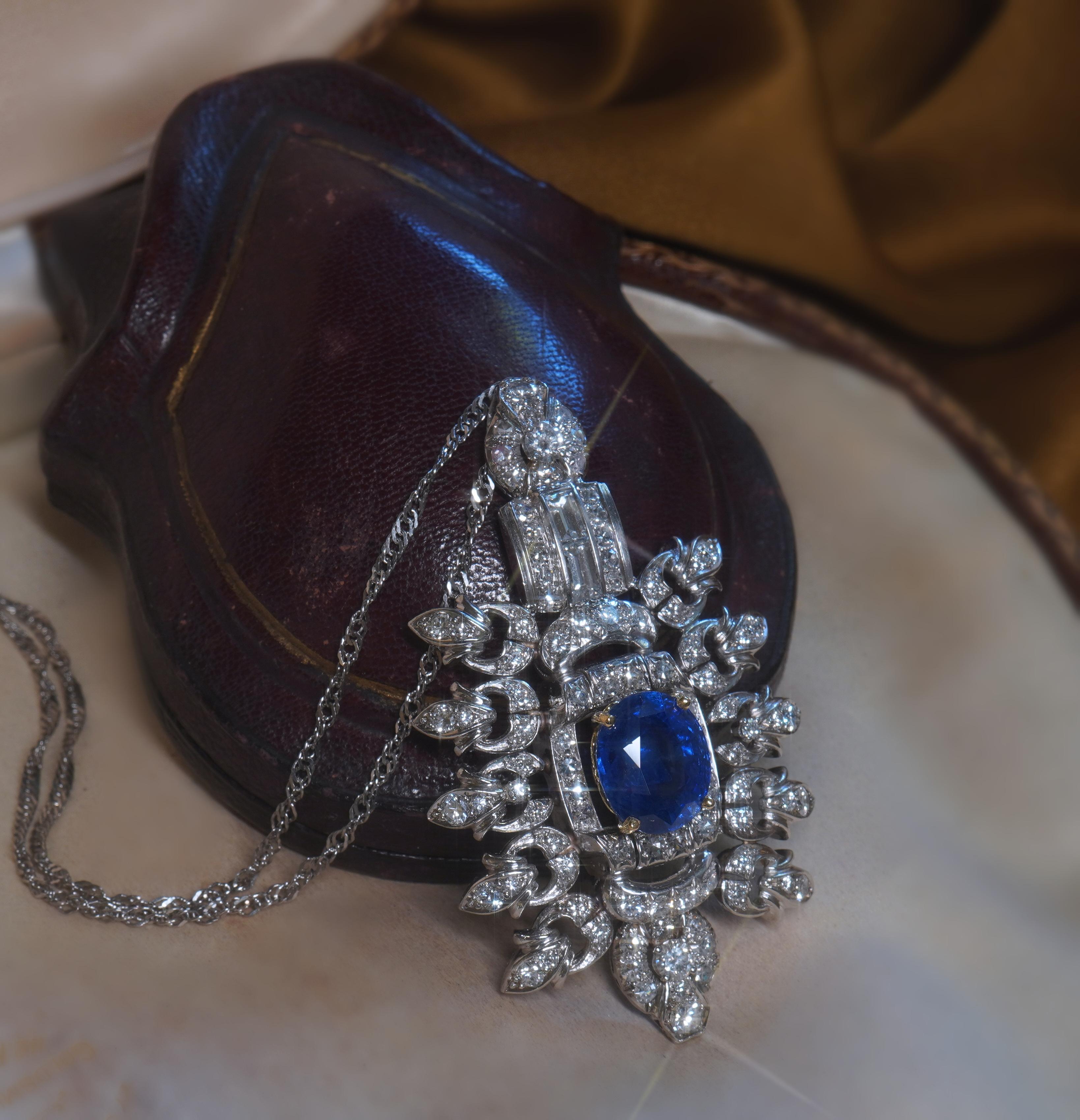 GIA Platinum 18K Blue Sapphire Diamond Pendant Unheated Ceylon Vintage 11.12 Cts For Sale 5