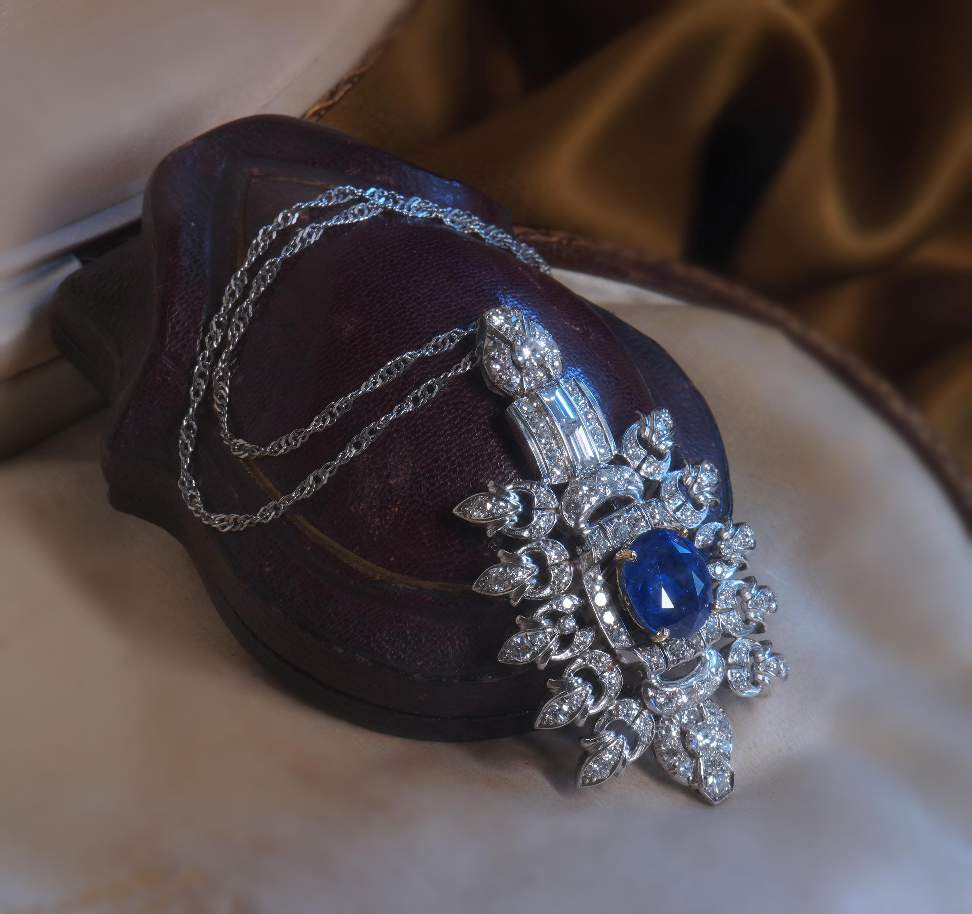 GIA Platinum 18K Blue Sapphire Diamond Pendant Unheated Ceylon Vintage 11.12 Cts For Sale 6