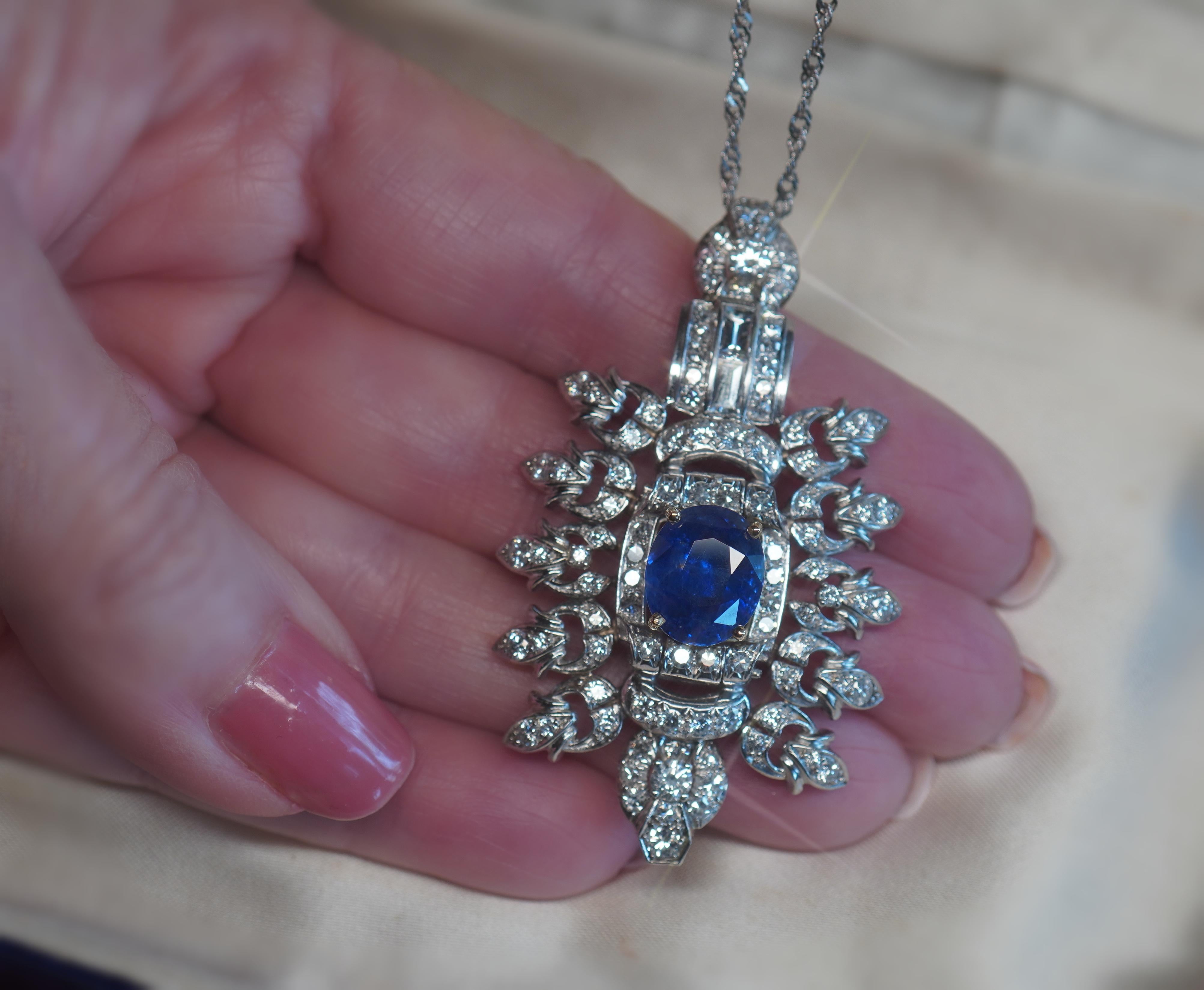 GIA Platinum 18K Blue Sapphire Diamond Pendant Unheated Ceylon Vintage 11.12 Cts For Sale 7