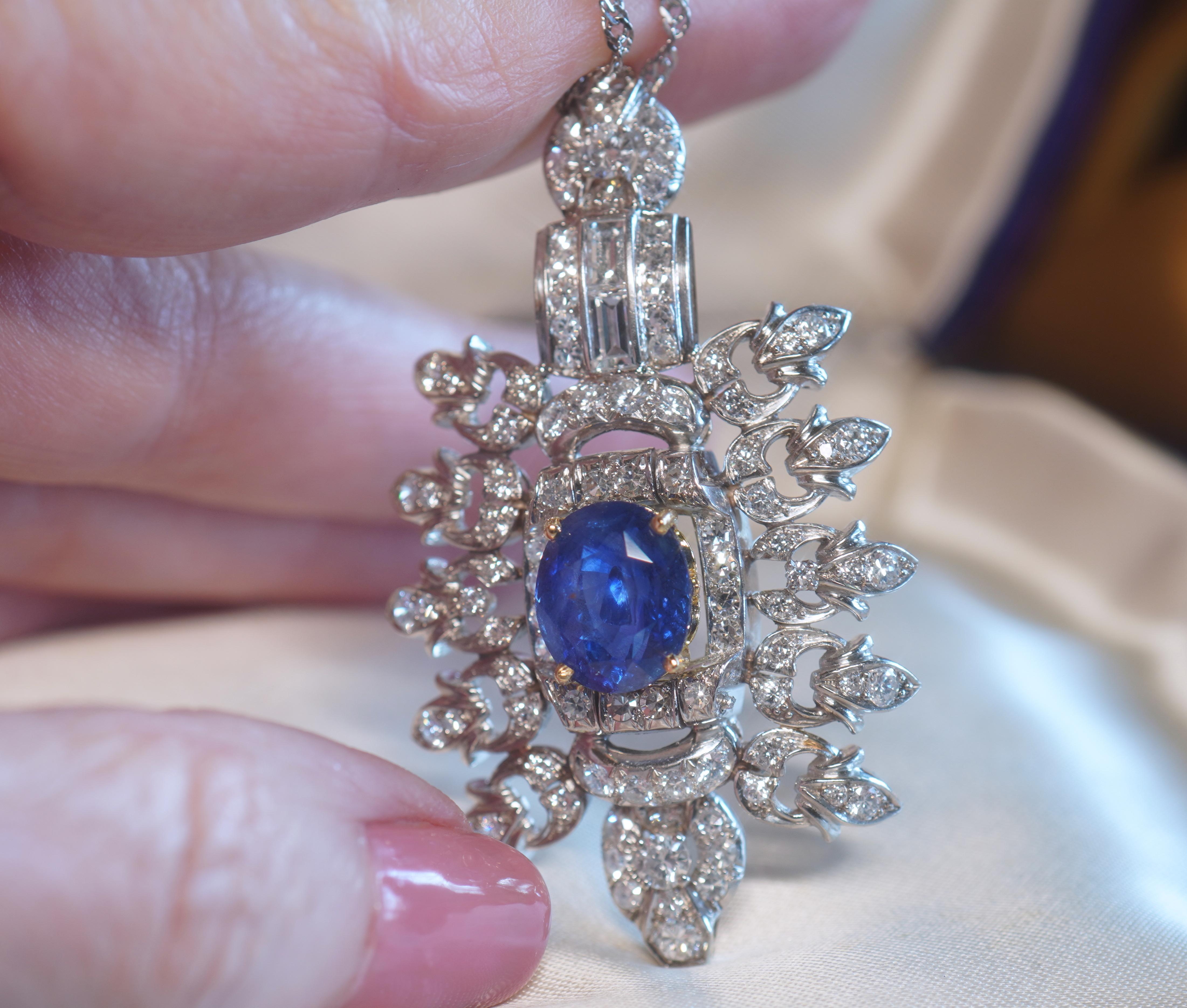 GIA Platinum 18K Blue Sapphire Diamond Pendant Unheated Ceylon Vintage 11.12 Cts For Sale 8