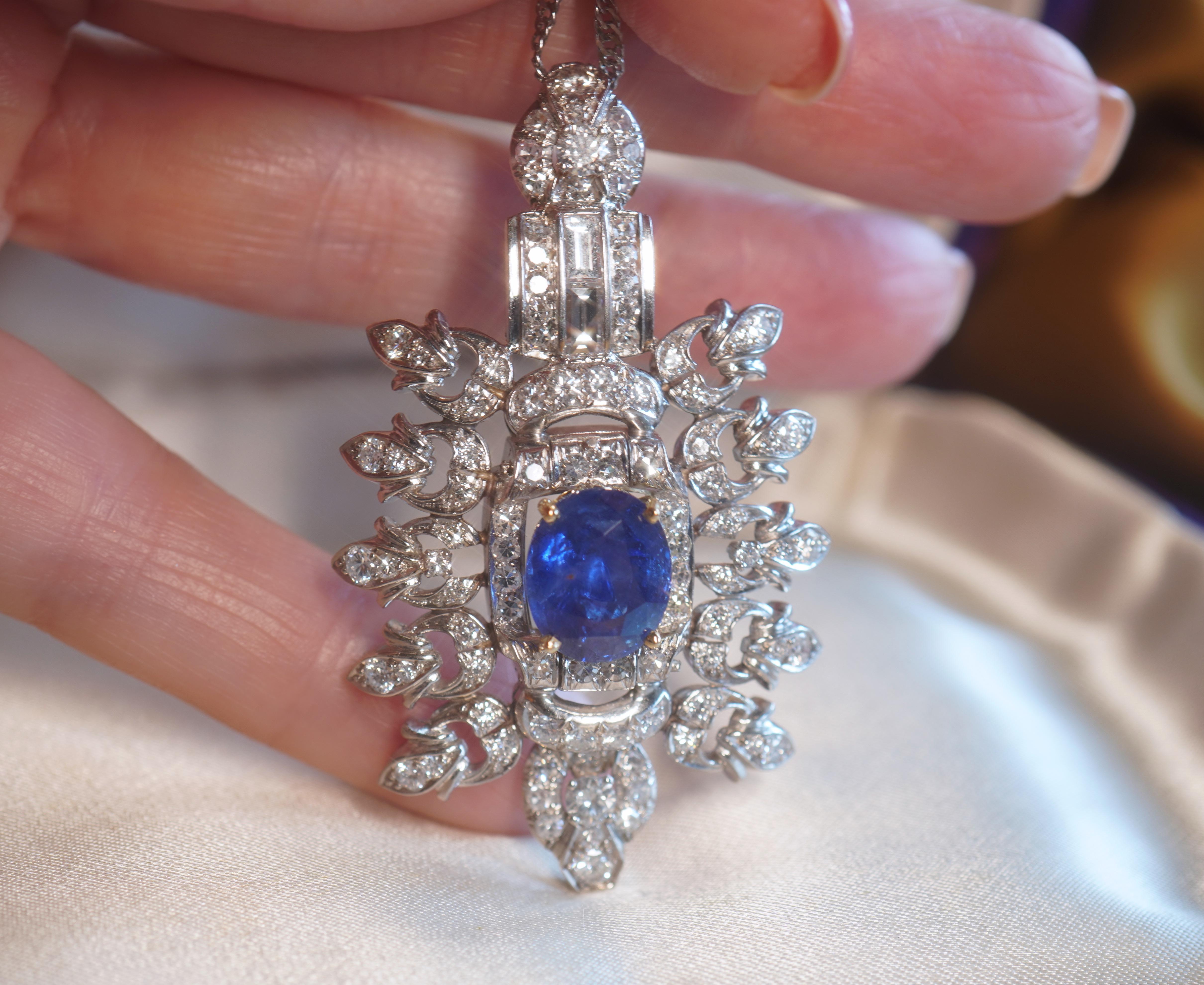 GIA Platinum 18K Blue Sapphire Diamond Pendant Unheated Ceylon Vintage 11.12 Cts For Sale 9