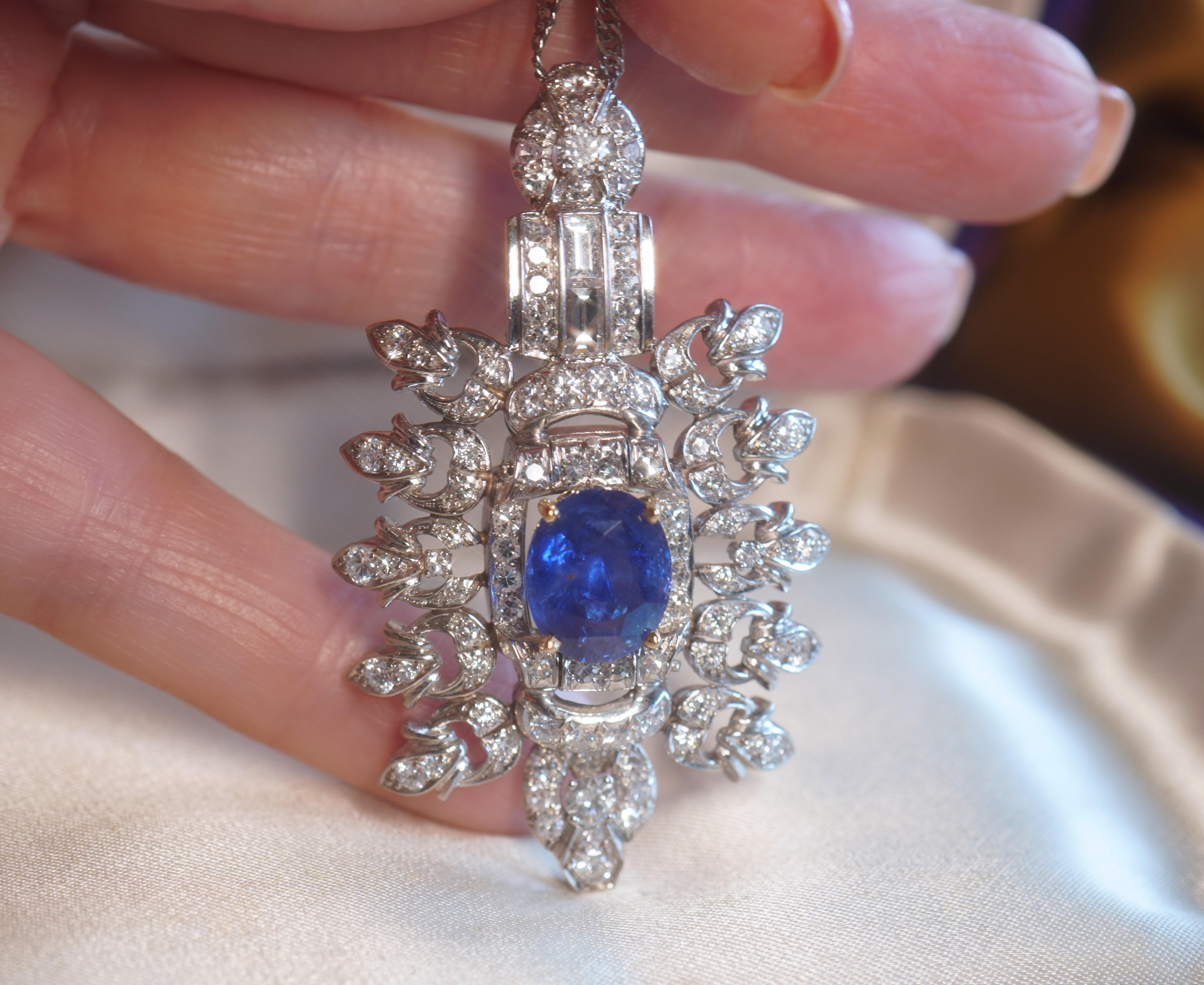 GIA Platinum 18K Blue Sapphire Diamond Pendant Unheated Ceylon Vintage 11.12 Cts For Sale 6