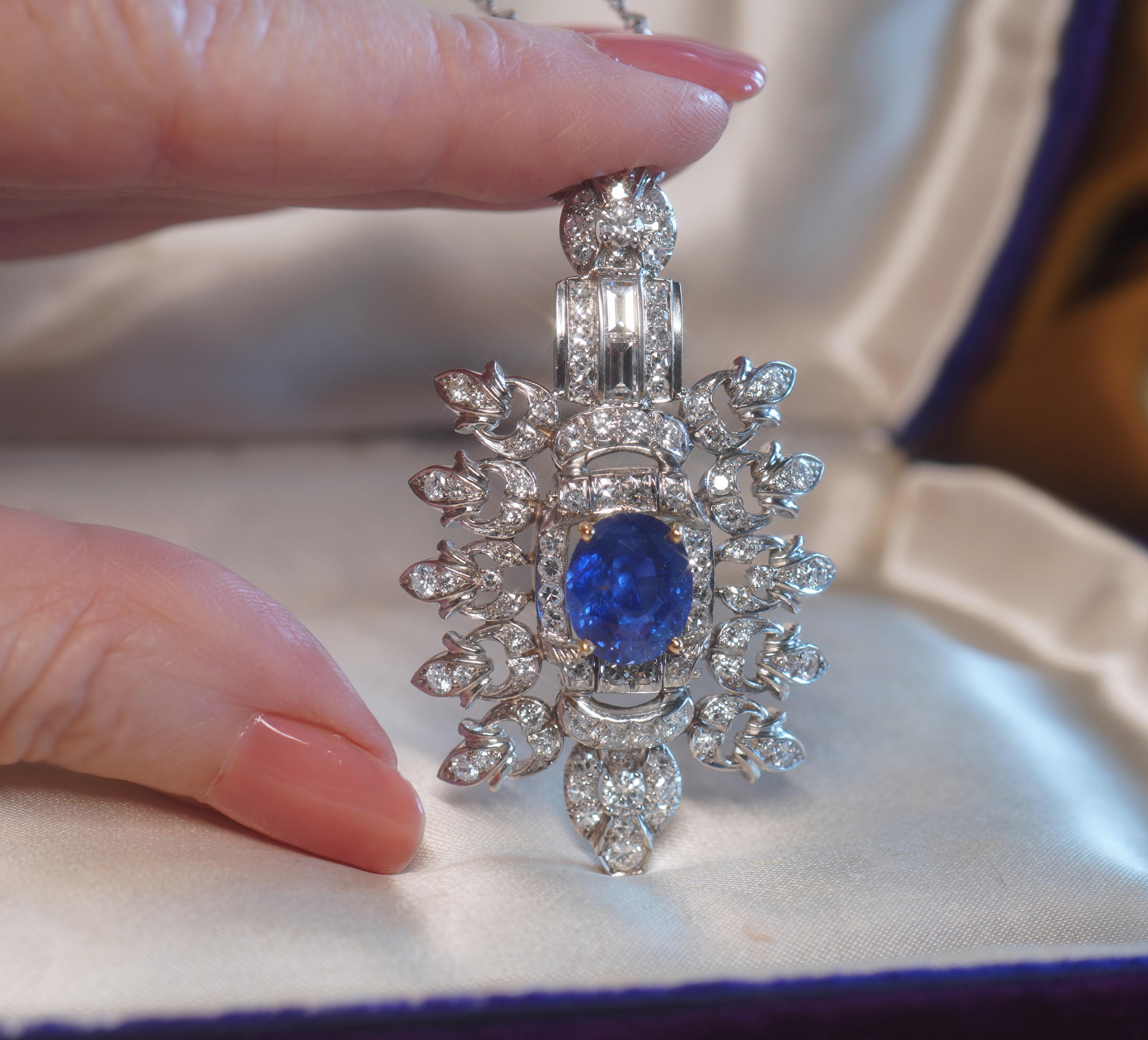 GIA Platinum 18K Blue Sapphire Diamond Pendant Unheated Ceylon Vintage 11.12 Cts For Sale 10