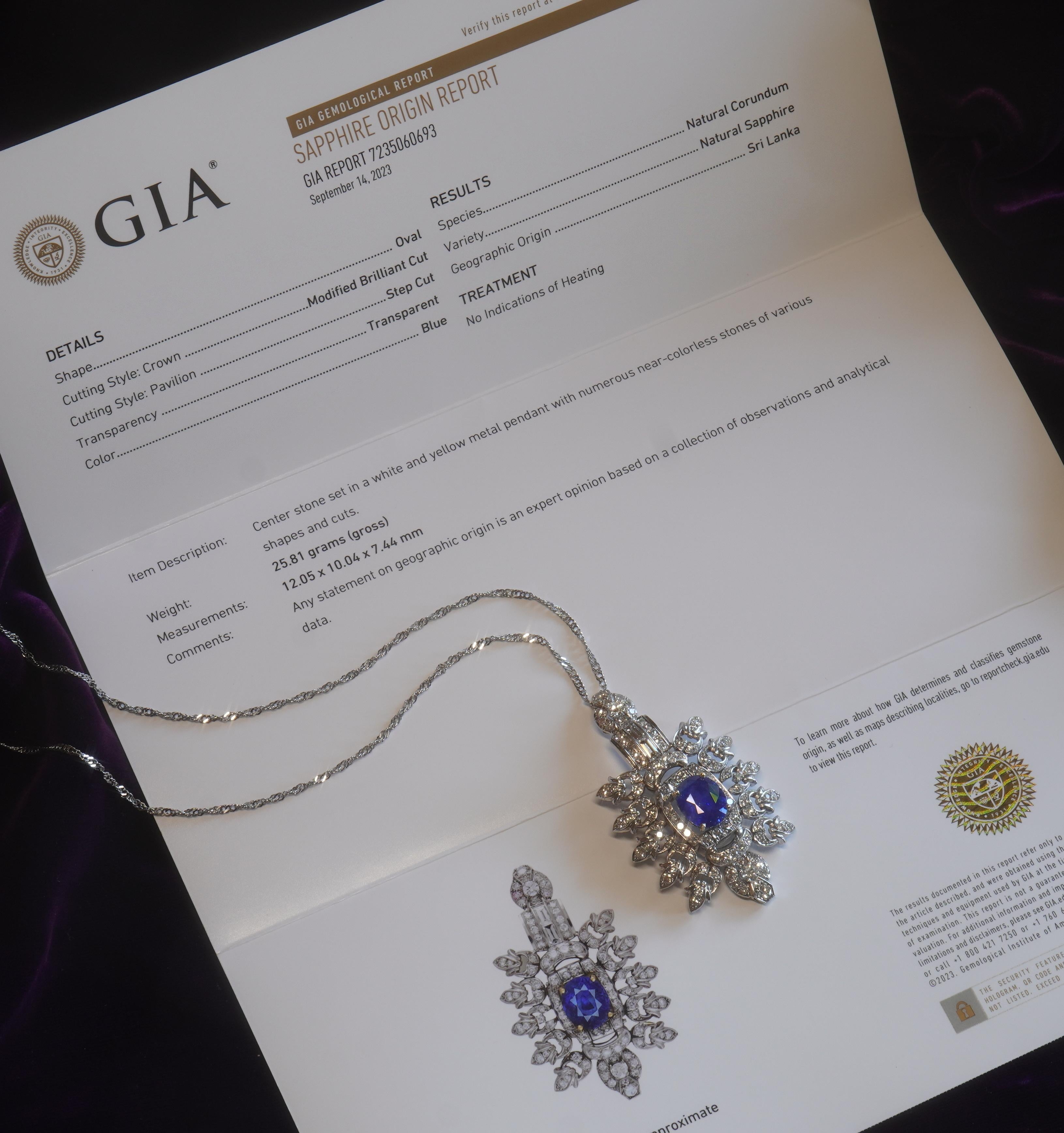 Old South Jewels proudly presents...VINTAGE LUXURY... GIA CERTIFIED PLATINUM 11.26 CARAT UNHEATED SAPPHIRE DIAMOND ANTIQUE PENDANT!   7.24 CARAT TRANSPARENT BLUE GIA CERTIFIED NATURAL NO HEAT SAPPHIRE.  Gorgeous Big Sapphire is Crowned With 4.02