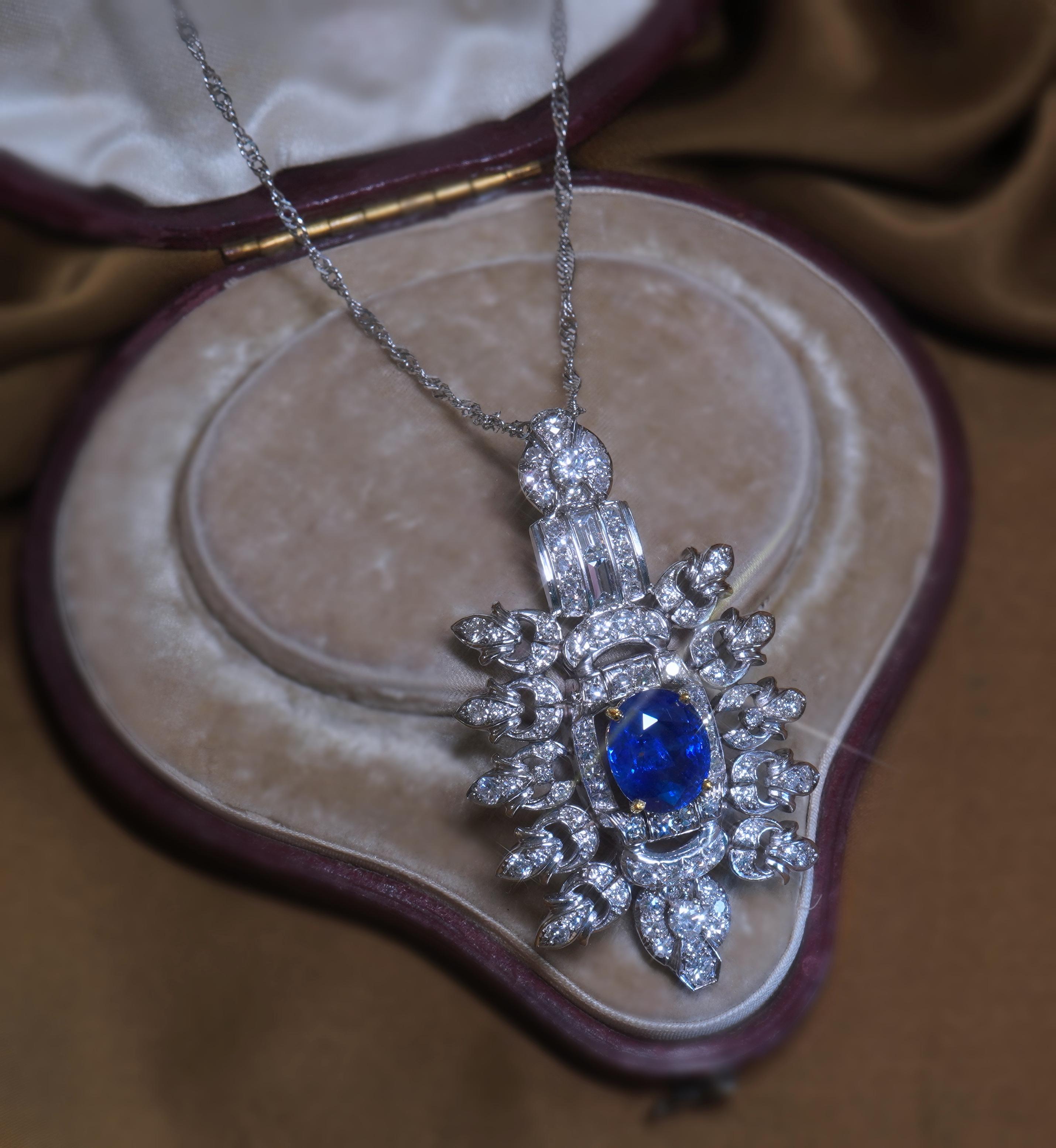 Victorian GIA Platinum 18K Blue Sapphire Diamond Pendant Unheated Ceylon Vintage 11.12 Cts For Sale
