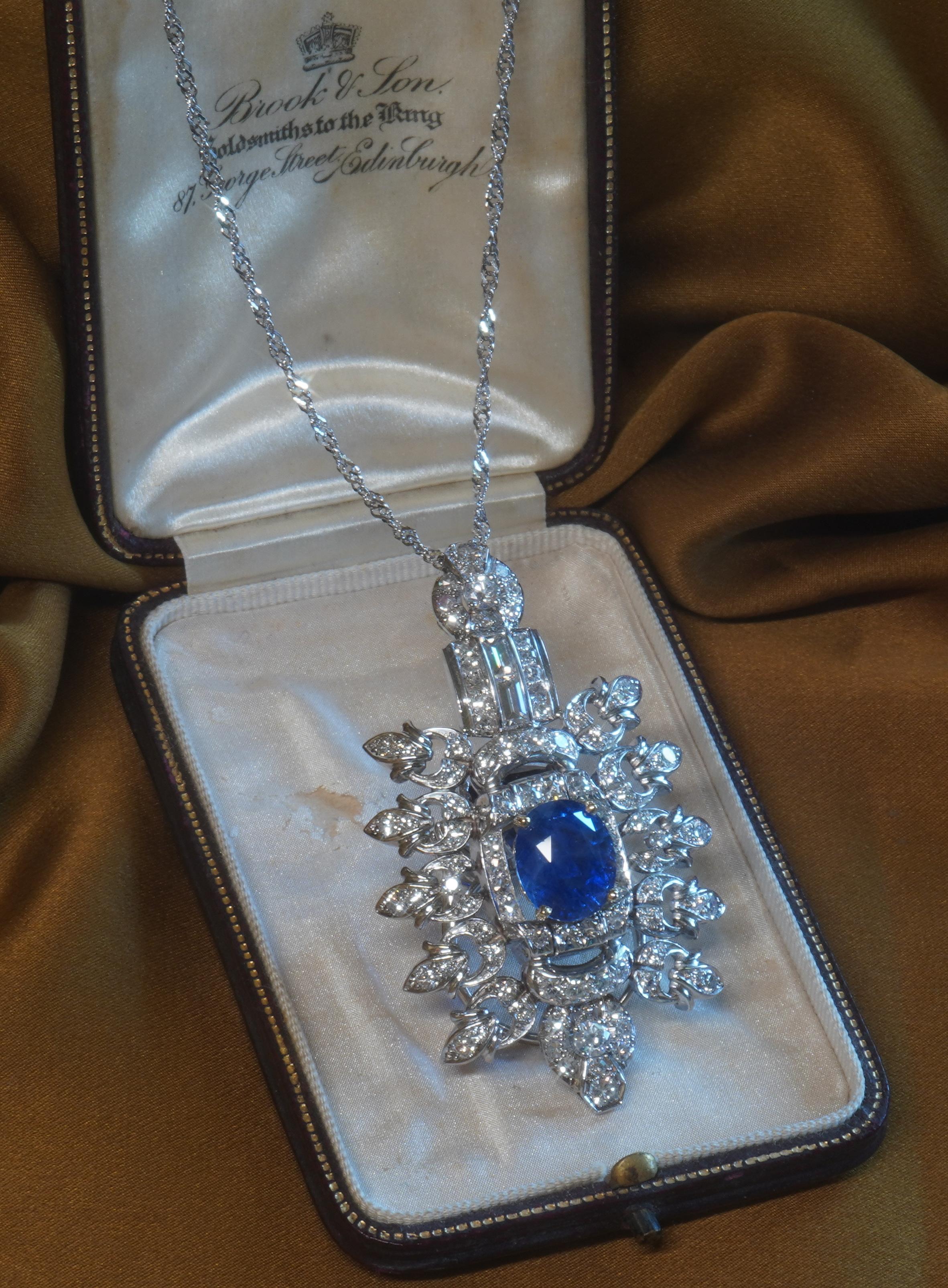 Cushion Cut GIA Platinum 18K Blue Sapphire Diamond Pendant Unheated Ceylon Vintage 11.12 Cts For Sale