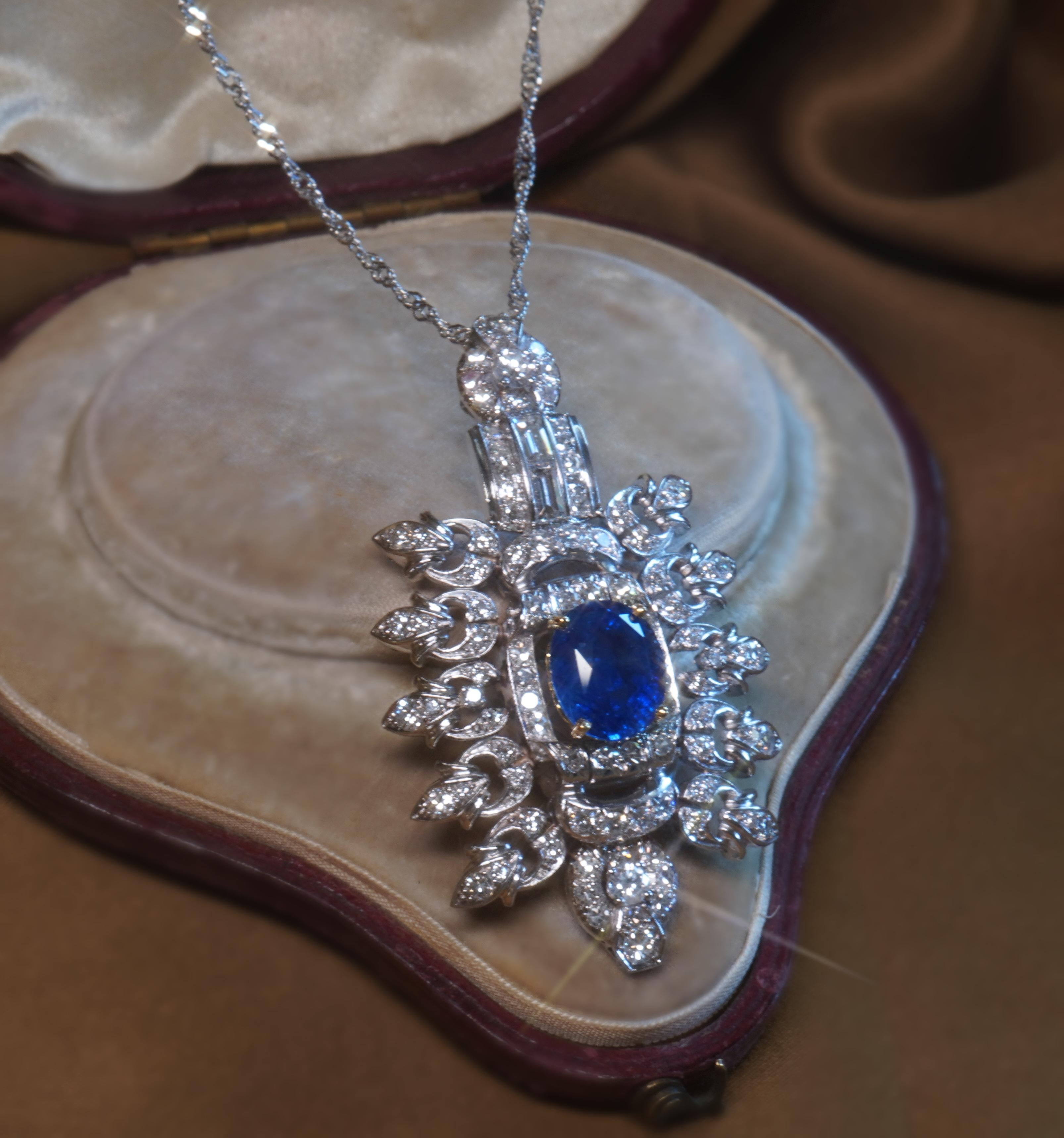 GIA Platinum 18K Blue Sapphire Diamond Pendant Unheated Ceylon Vintage 11.12 Cts In Excellent Condition For Sale In Sylvania, GA