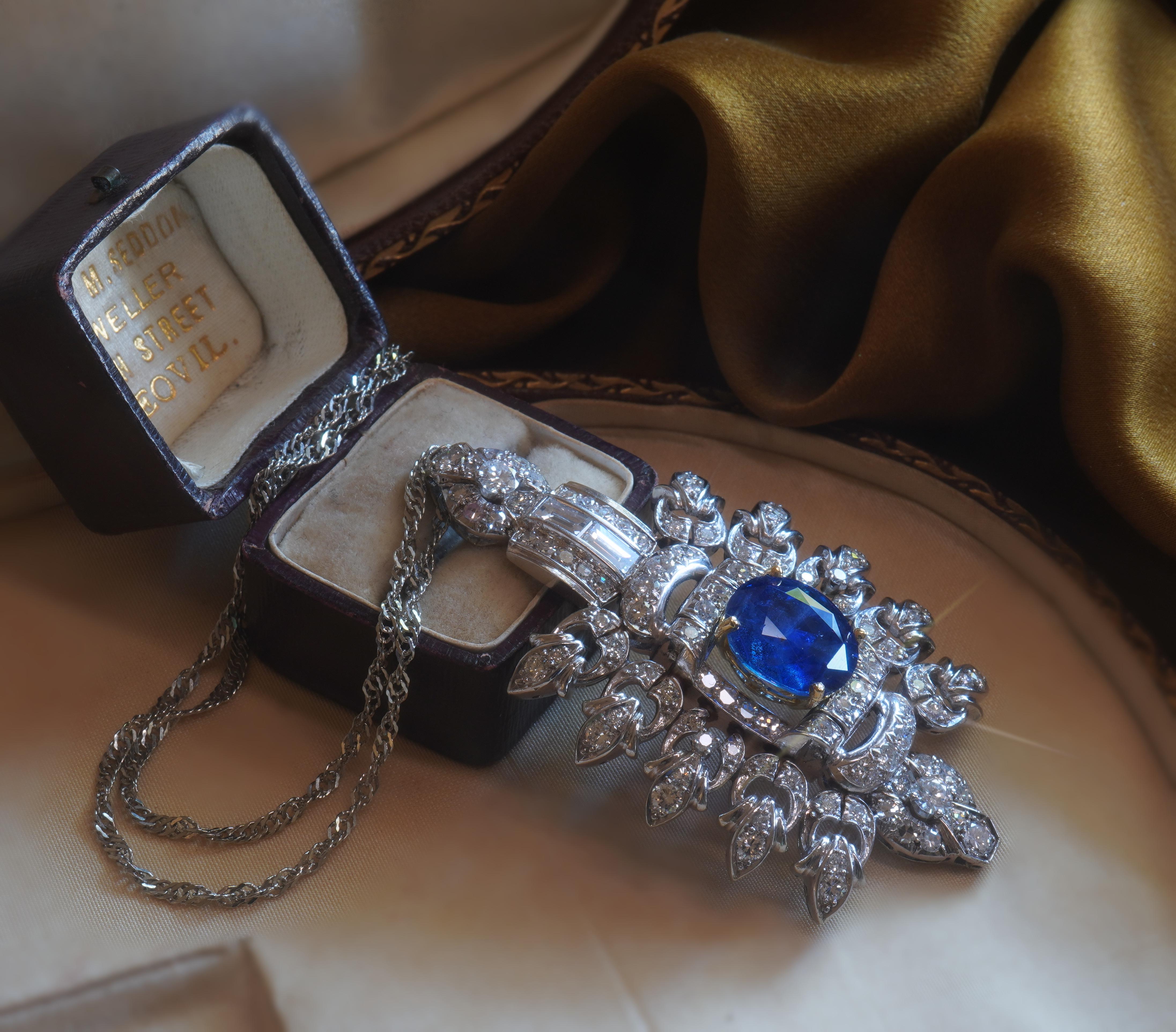 GIA Platinum 18K Blue Sapphire Diamond Pendant Unheated Ceylon Vintage 11.12 Cts For Sale 1