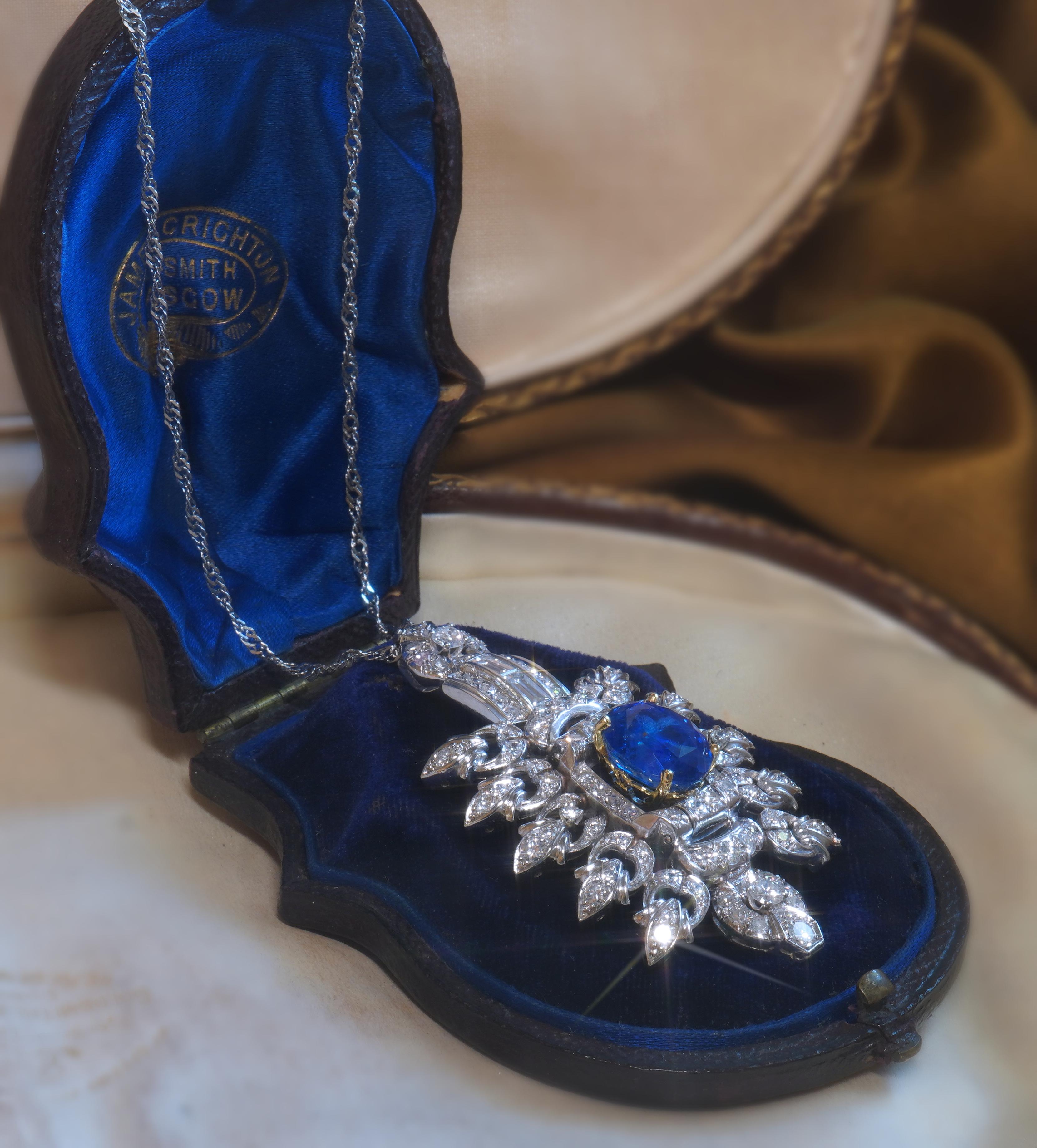GIA Platinum 18K Blue Sapphire Diamond Pendant Unheated Ceylon Vintage 11.12 Cts For Sale 3