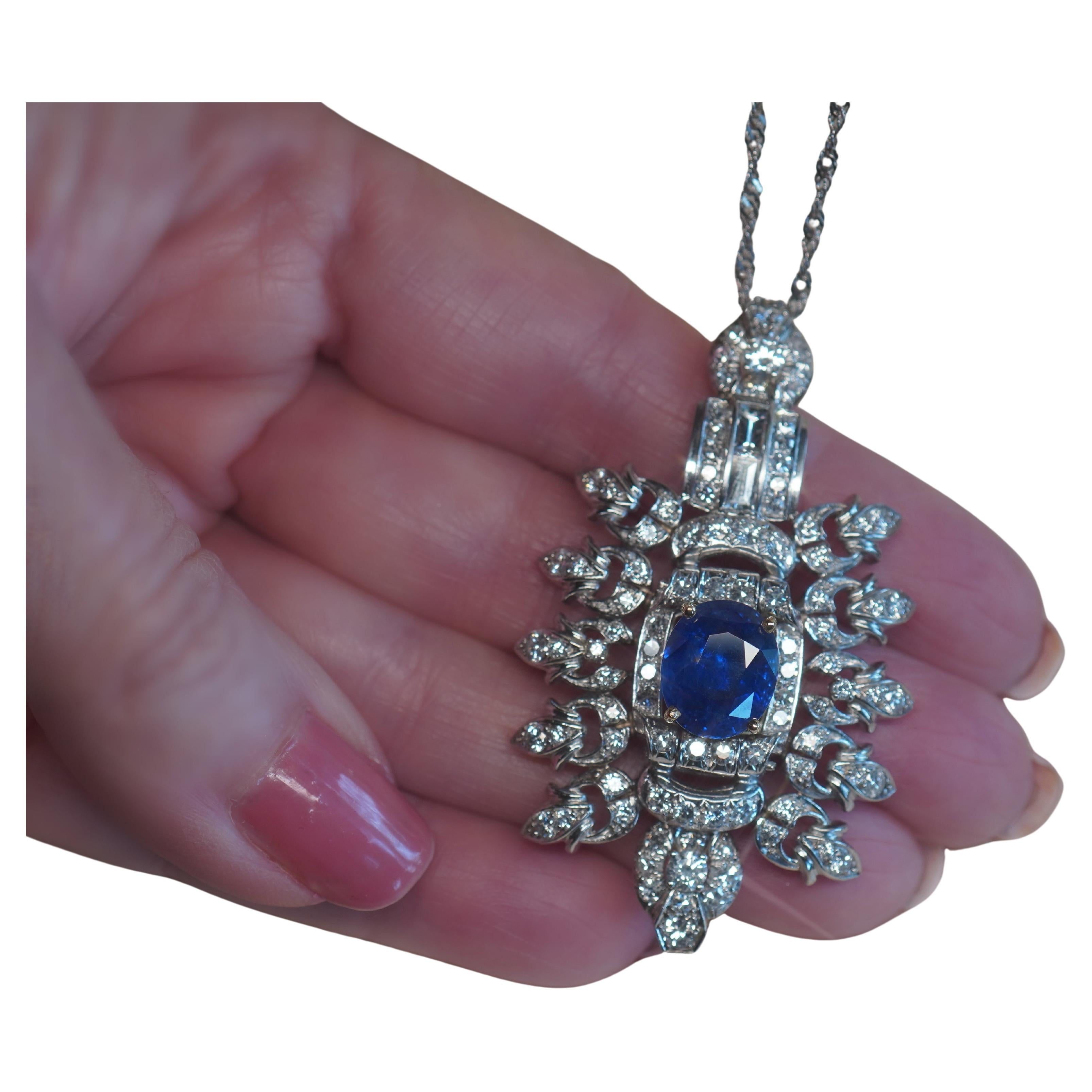 GIA Platinum 18K Blue Sapphire Diamond Pendant Unheated Ceylon Vintage 11.12 Cts For Sale