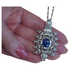 GIA Platinum 18K Blue Sapphire Diamond Pendant Unheated Ceylon Antique 11.12 Cts