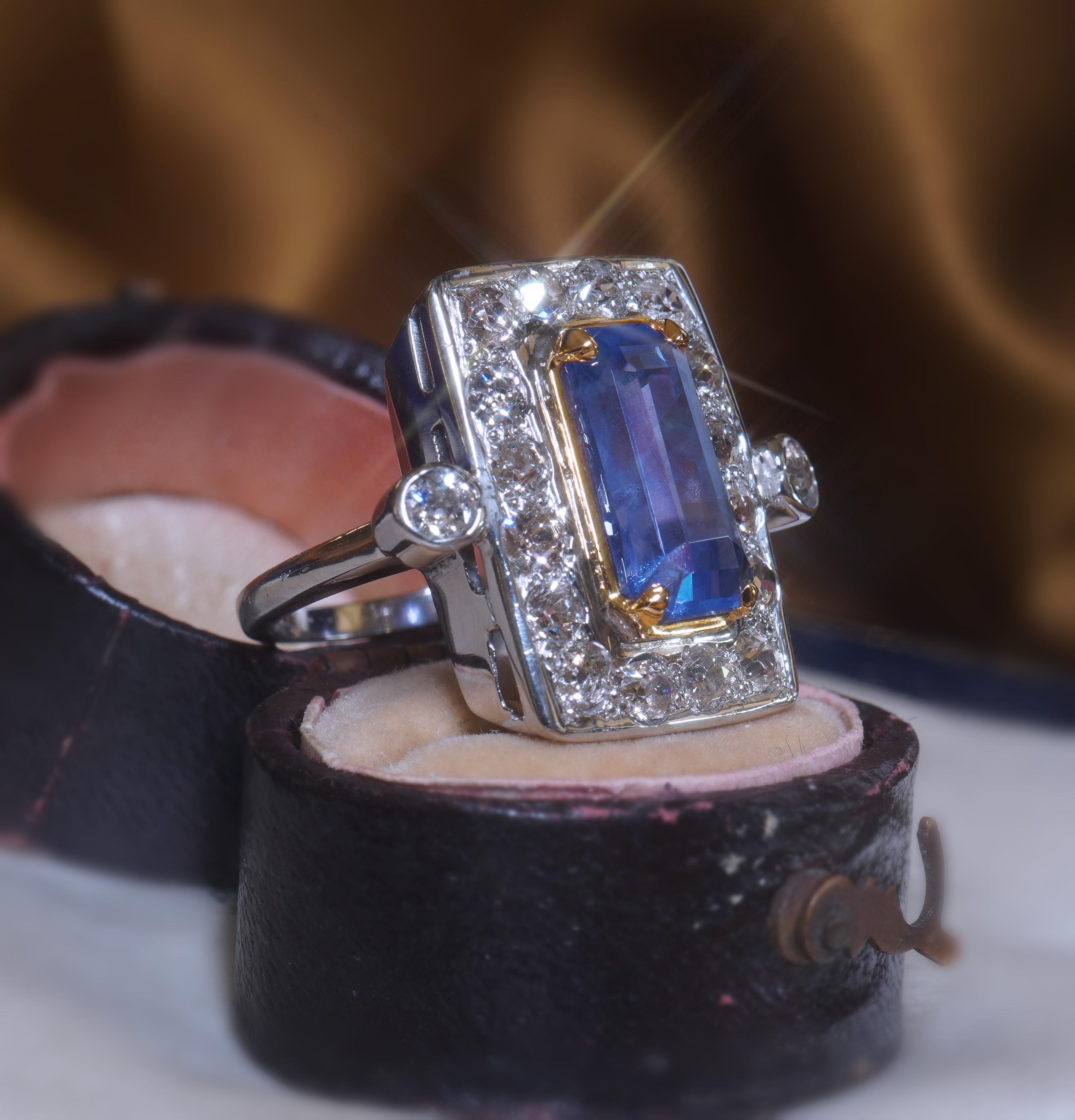 GIA Platine 18K Saphir bleu Bague diamant de Ceylan sans chaleur VS Antique 8.32 CTS en vente 4