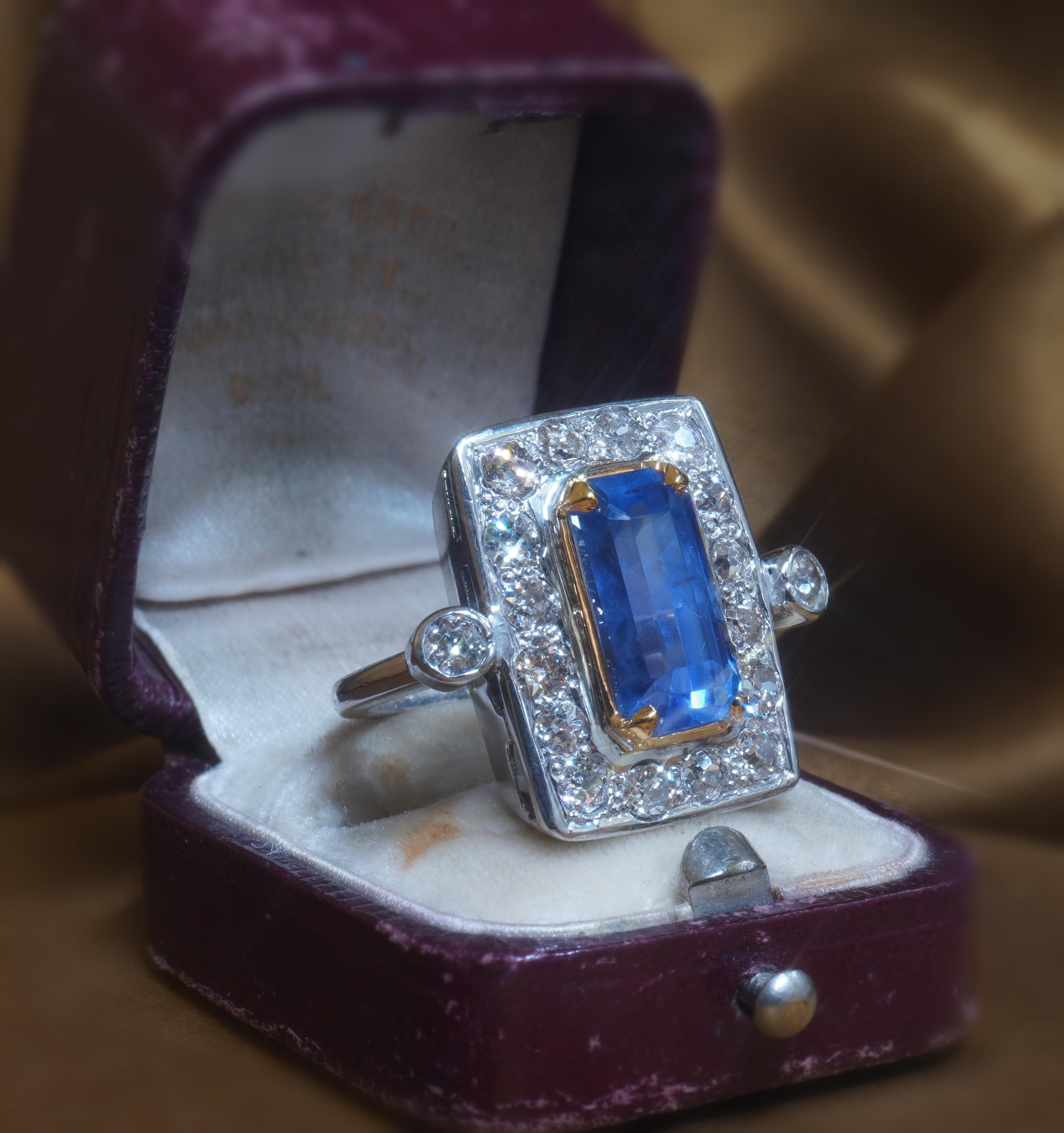 GIA Platine 18K Saphir bleu Bague diamant de Ceylan sans chaleur VS Antique 8.32 CTS en vente 1
