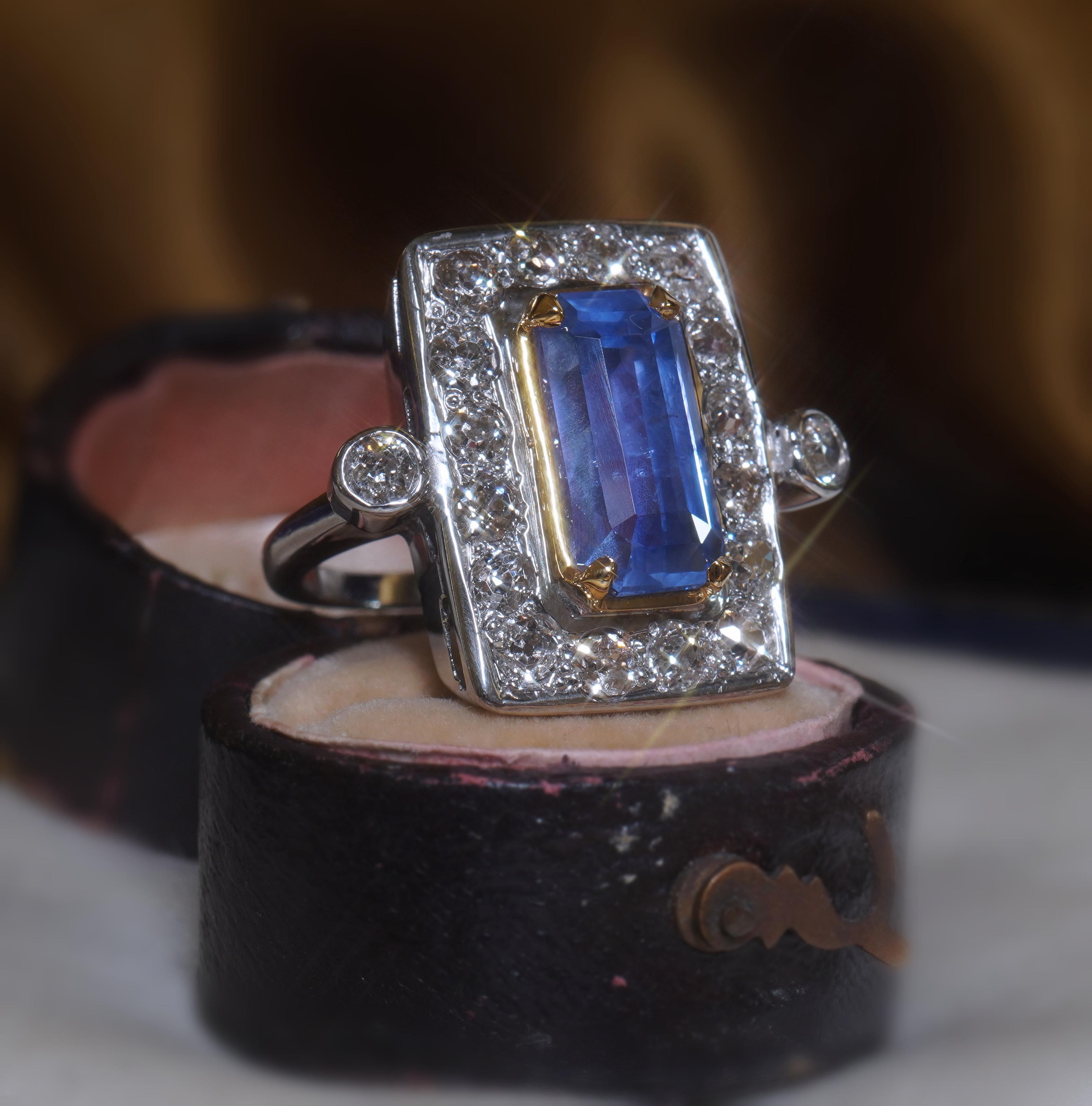 GIA Platine 18K Saphir bleu Bague diamant de Ceylan sans chaleur VS Antique 8.32 CTS en vente 2