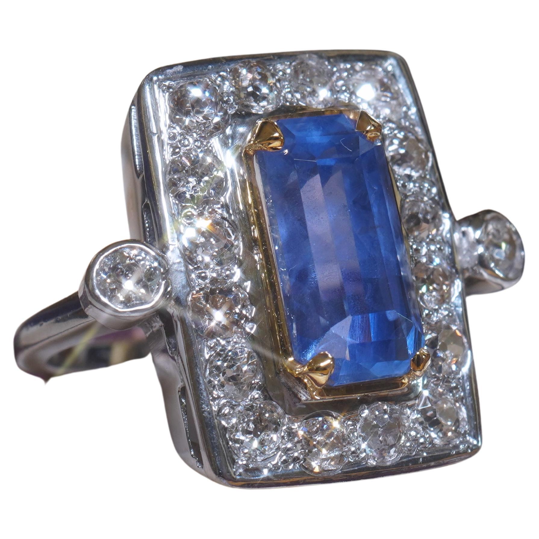GIA Platine 18K Saphir bleu Bague diamant de Ceylan sans chaleur VS Antique 8.32 CTS en vente