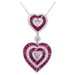 GIA Platinum 950 Double Heart Natural Burma Ruby Milgrain Pendant Necklace