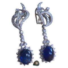 GIA Platinum Blue Sapphire Dangle Diamond Earrings 13.92 Cts Huge Long Fine VS
