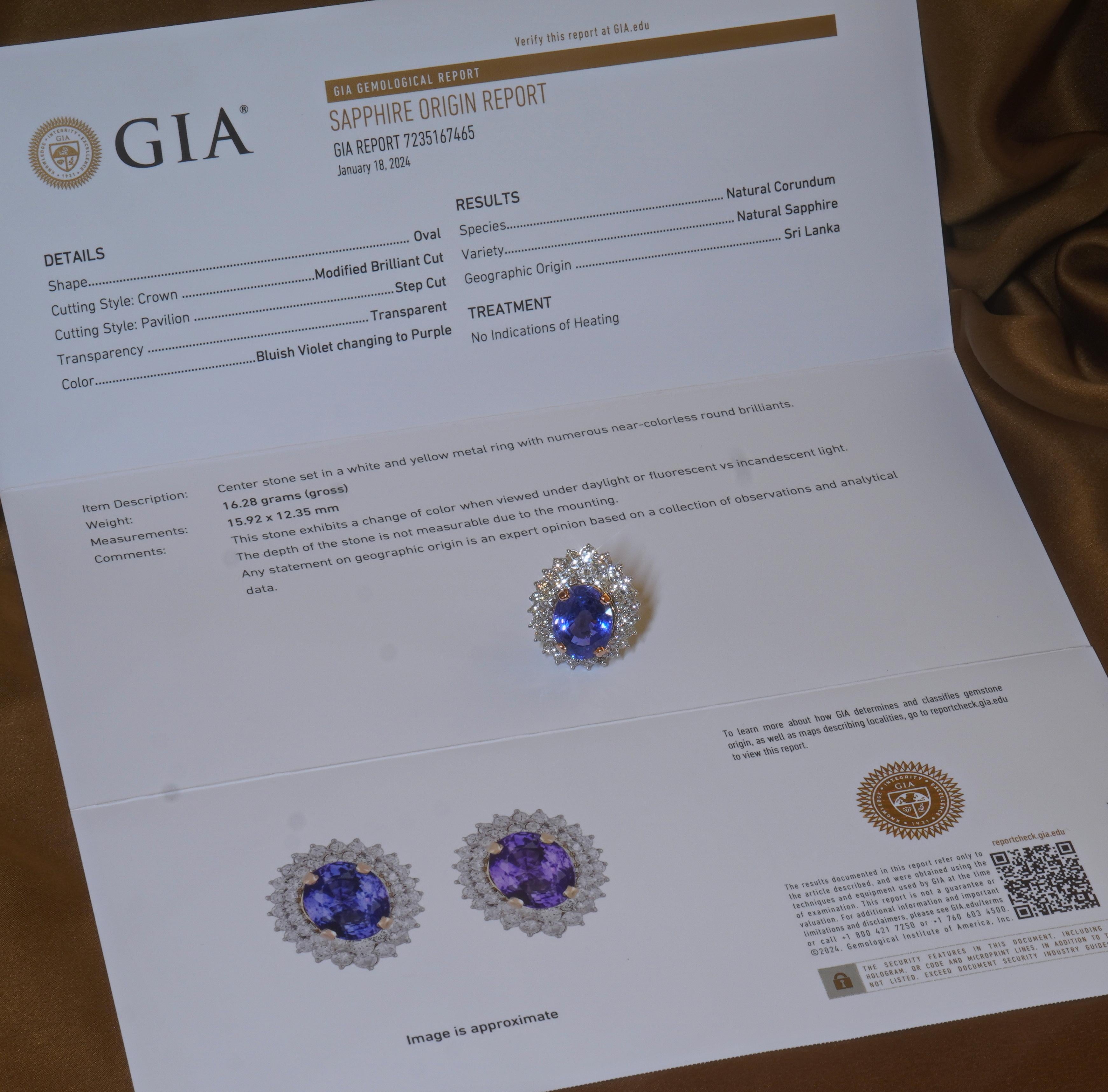 Oval Cut GIA Platinum Blue Sapphire No Heat Diamond Ring Vintage 18K Huge Fine 21.28 Cts For Sale