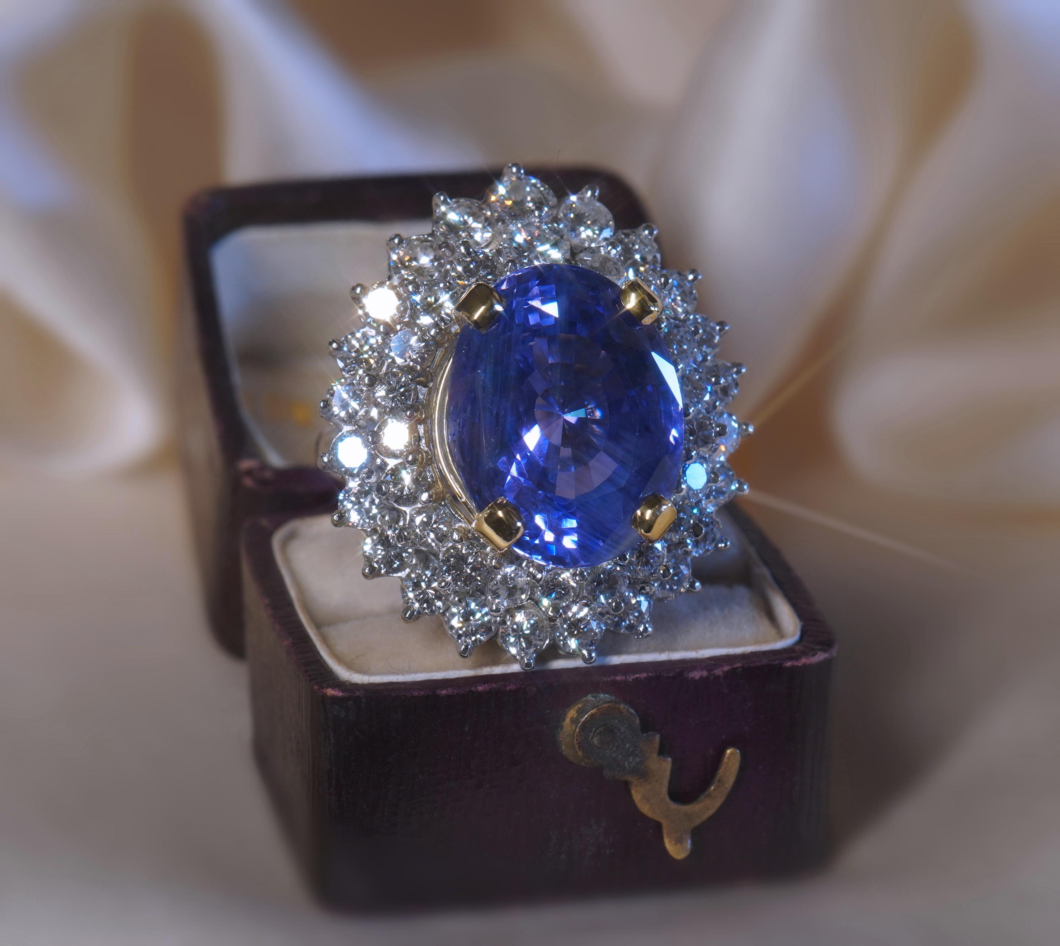 GIA Platinum Blue Sapphire No Heat Diamond Ring Vintage 18K Huge Fine 21.28 Cts For Sale 2