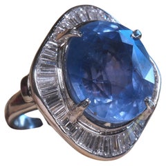 GIA Platinum Blue Sapphire No Heat Sri Lanka Diamond Ring VS Vintage 19.92 CTS