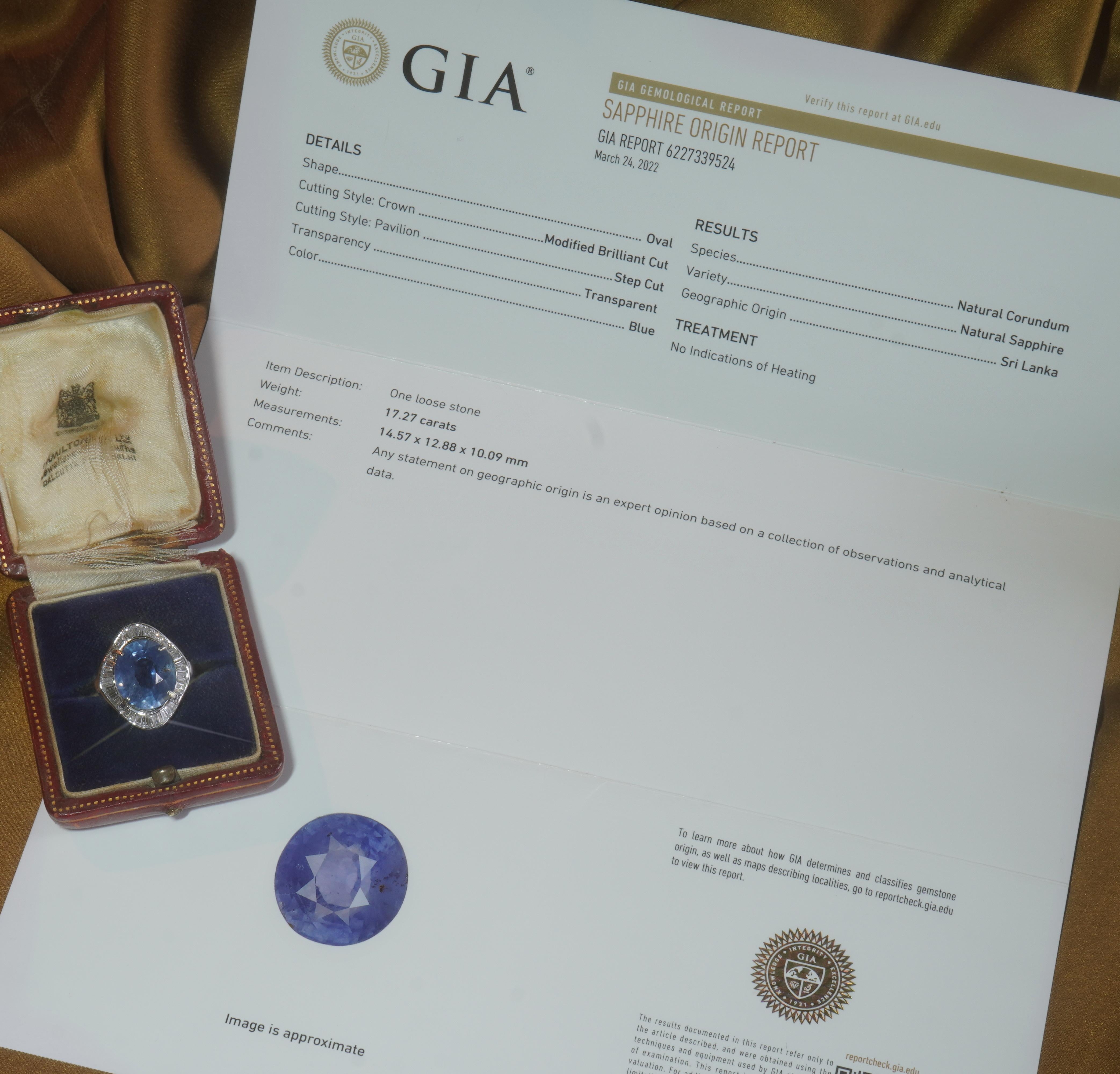 GIA Platinum Blue Sapphire No Heat Sri Lanka Diamond Ring VS Vintage 19.92 CTS In Good Condition In Sylvania, GA