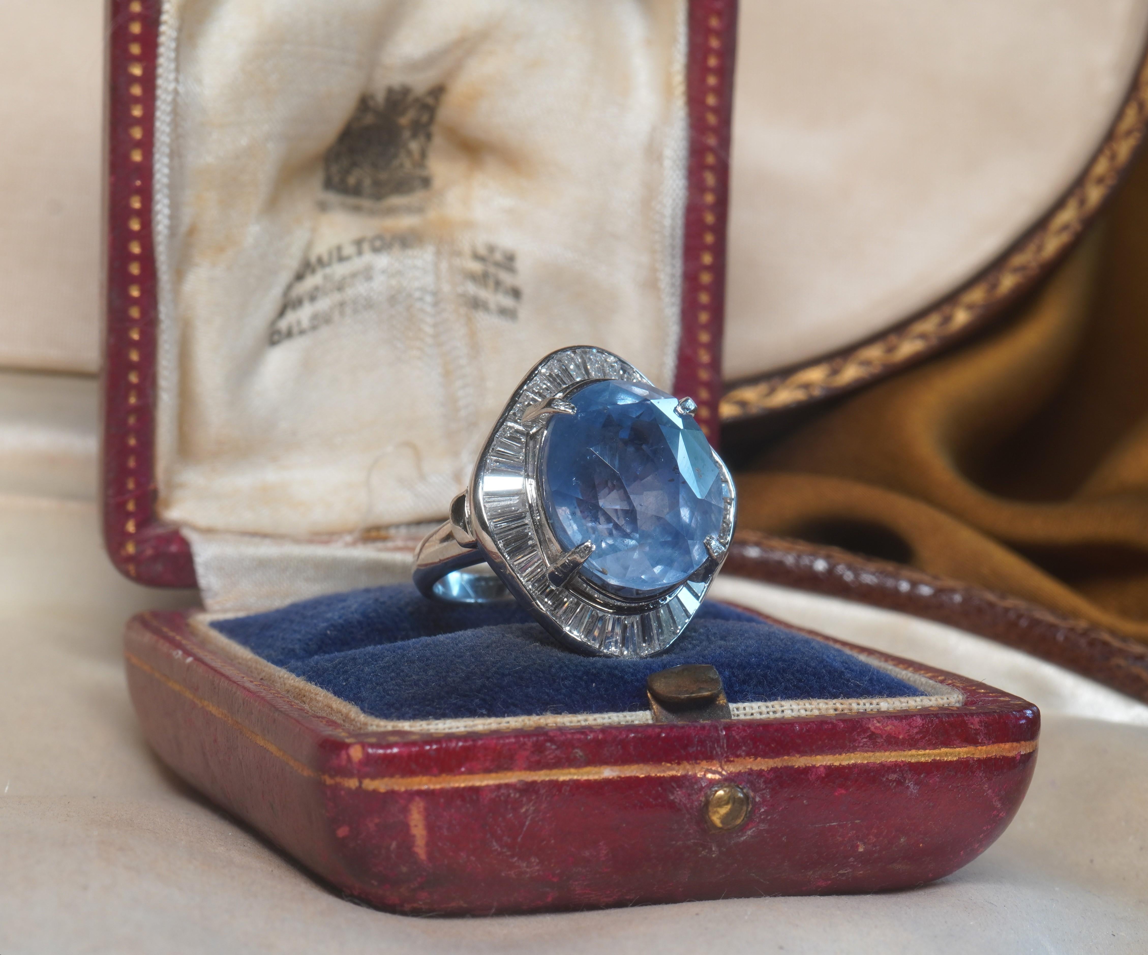 GIA Platinum Blue Sapphire No Heat Sri Lanka Diamond Ring VS Vintage 19.92 CTS For Sale 1