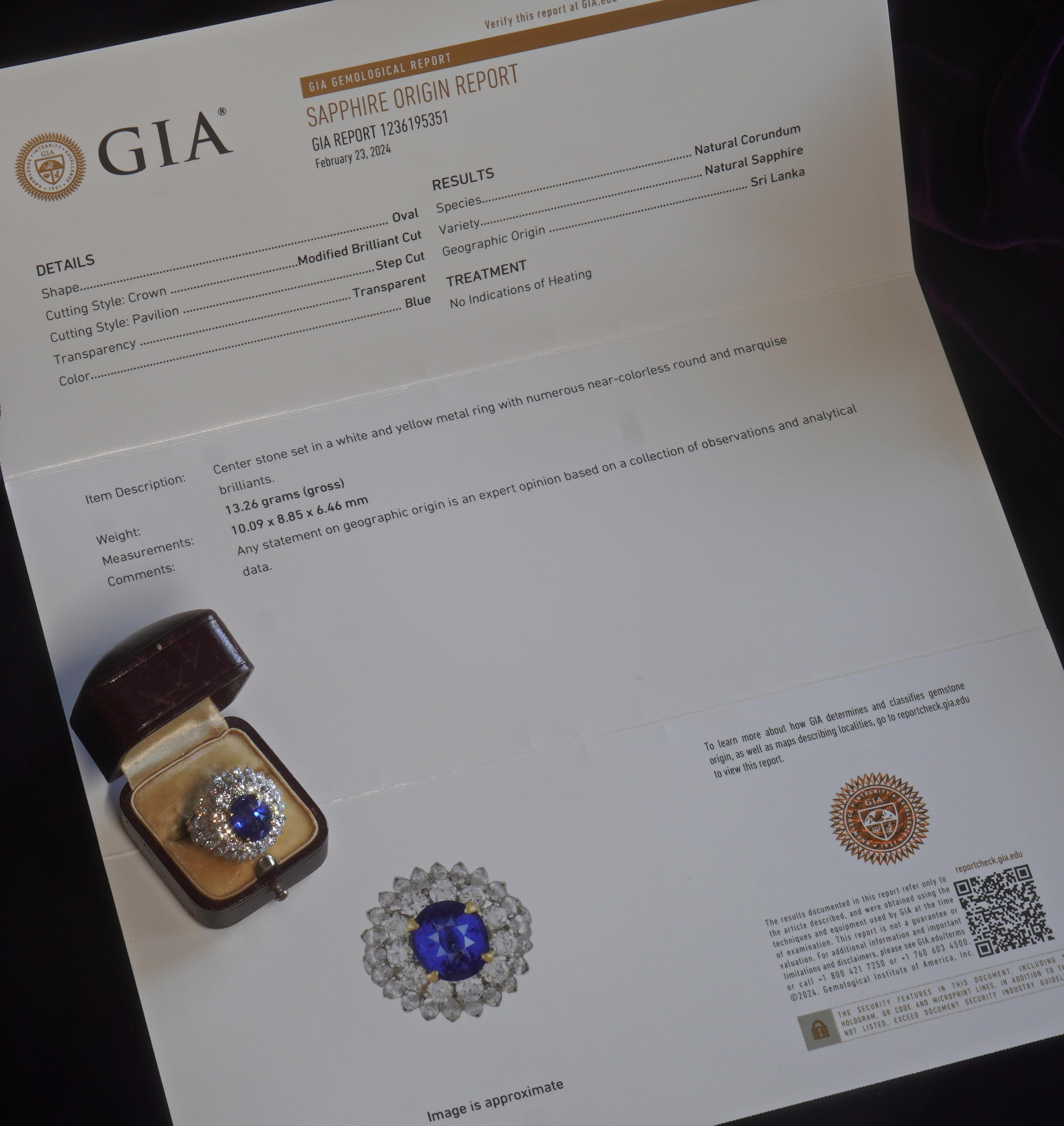 GIA Platinum Blue Sapphire Ring No Heat Sri Lanka 18K Diamond Vintage 11.27 CTS Unisexe en vente
