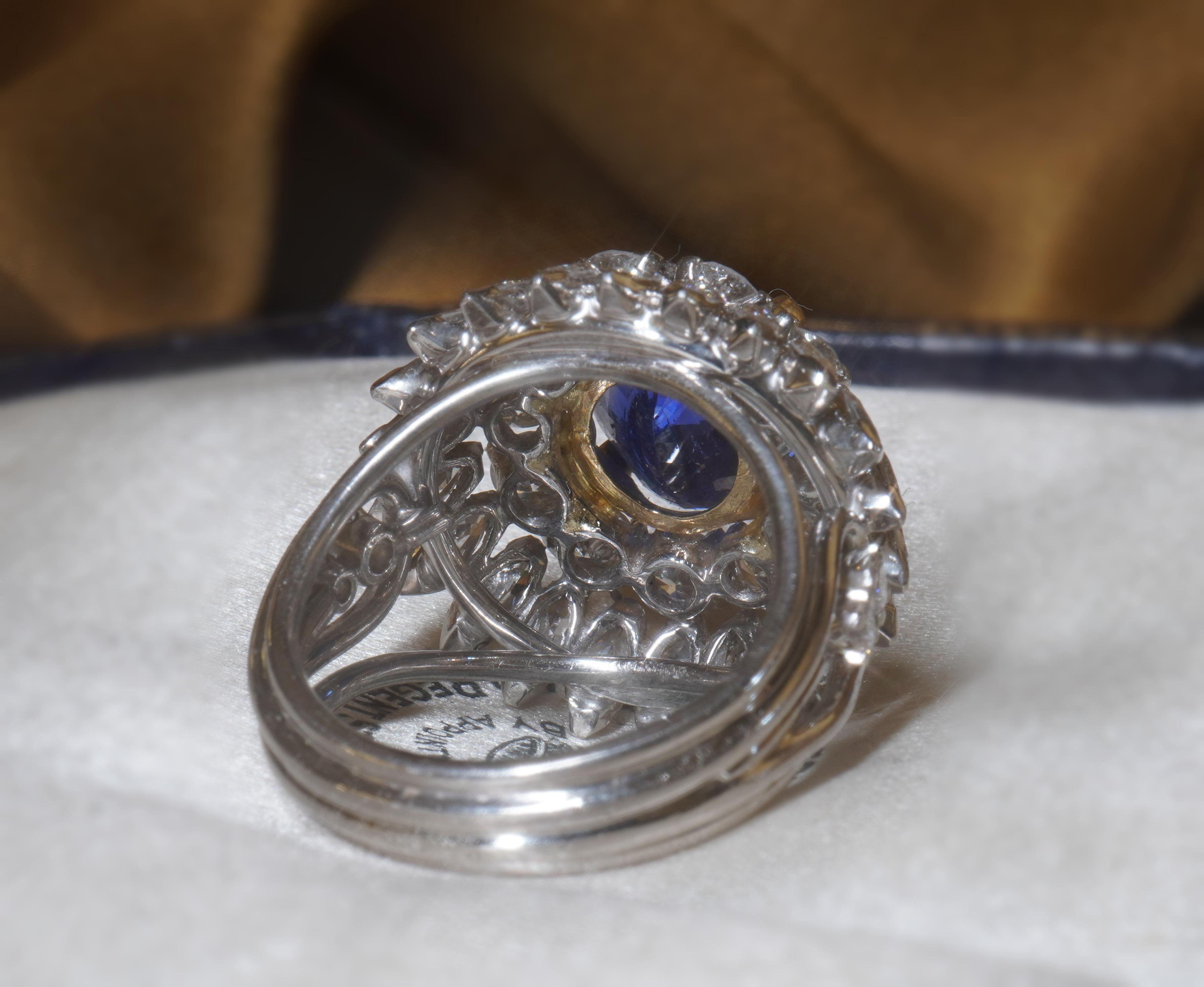 GIA Platinum Blue Sapphire Ring No Heat Sri Lanka 18K Diamond Vintage 11.27 CTS For Sale 4