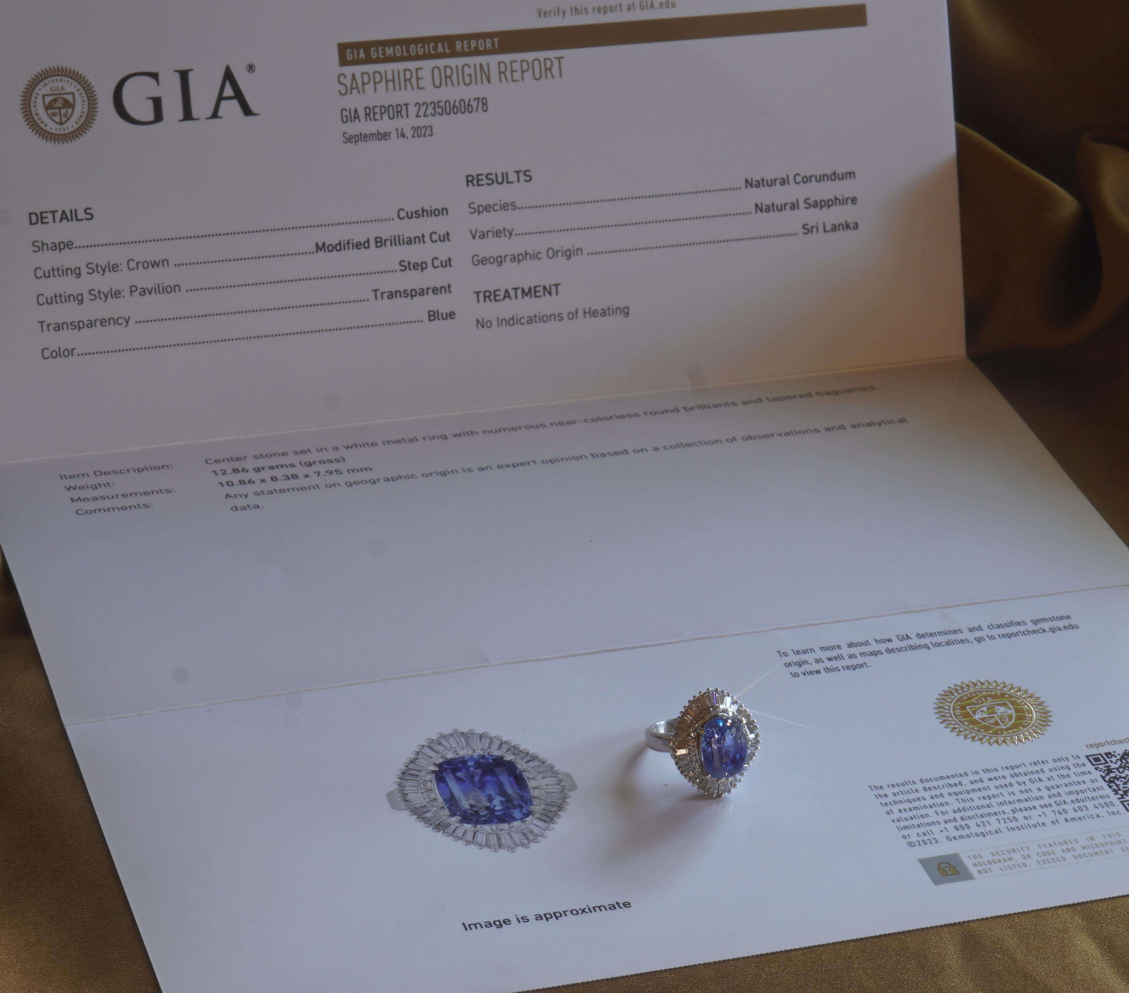 Old South Jewels proudly presents... VINTAGE LUXURY.   GIA CERTIFIED PLATINUM 9.38 CARAT UNHEATED SAPPHIRE DIAMOND VINTAGE RING & BOX!    6.55 CARAT FINE BLUE GIA CERTIFIED RARE NO HEAT NATURAL SAPPHIRE.   This Gorgeous Sapphire Is Crowned With 2.83