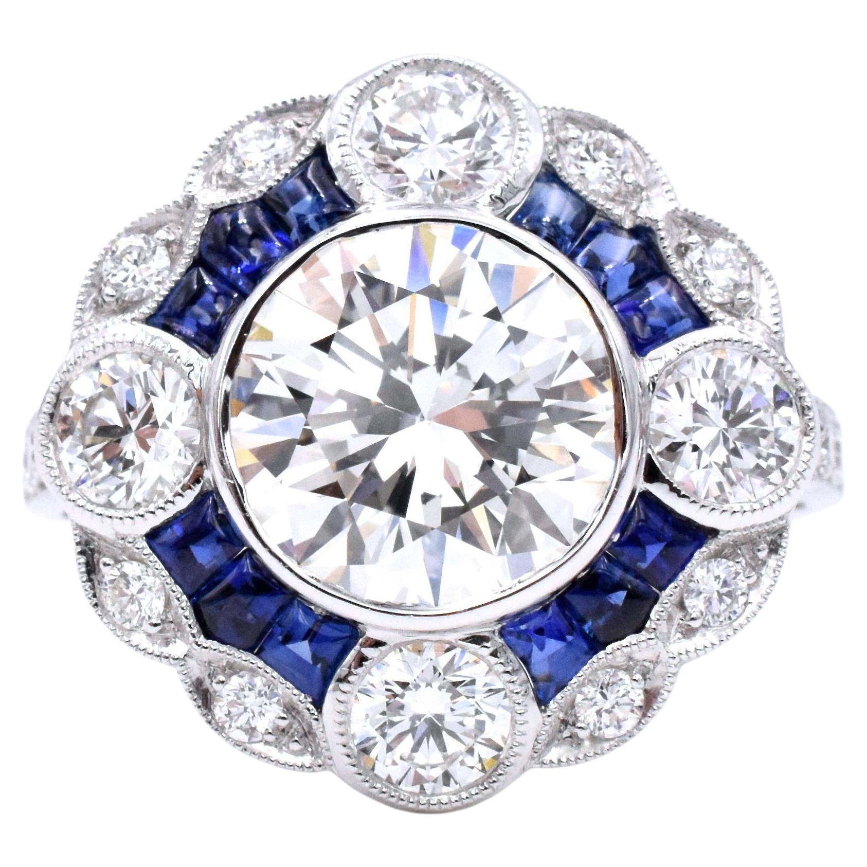 GIA Platinum Diamonds and Sapphire Ring For Sale