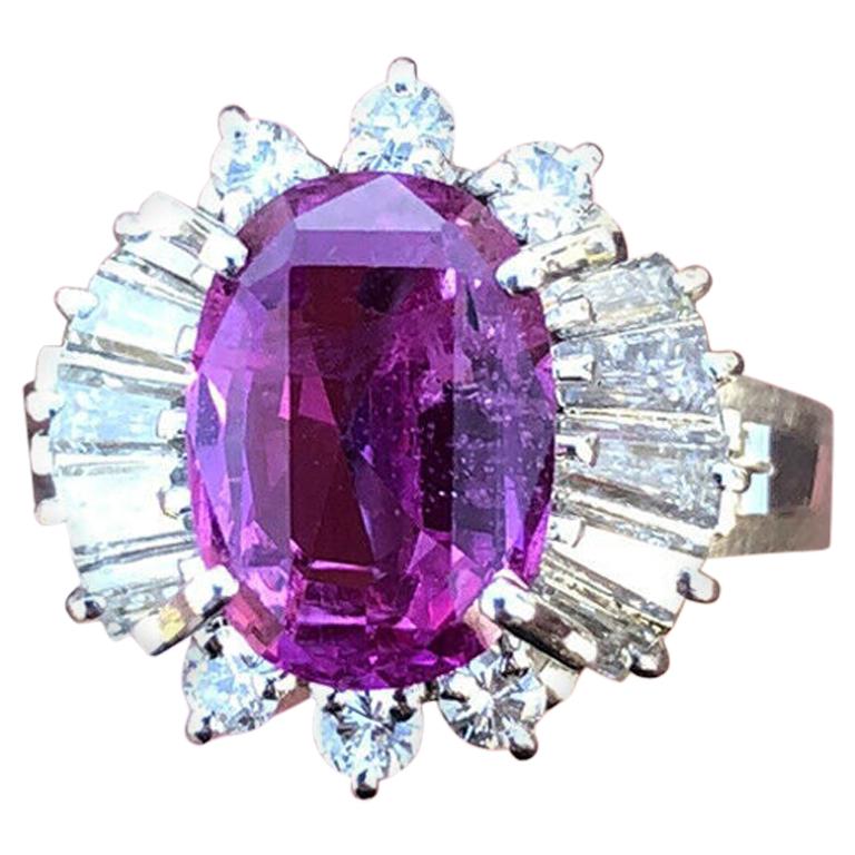 GIA Platinum Natural Pink Sapphire and Diamond Ring 4.44 Carat