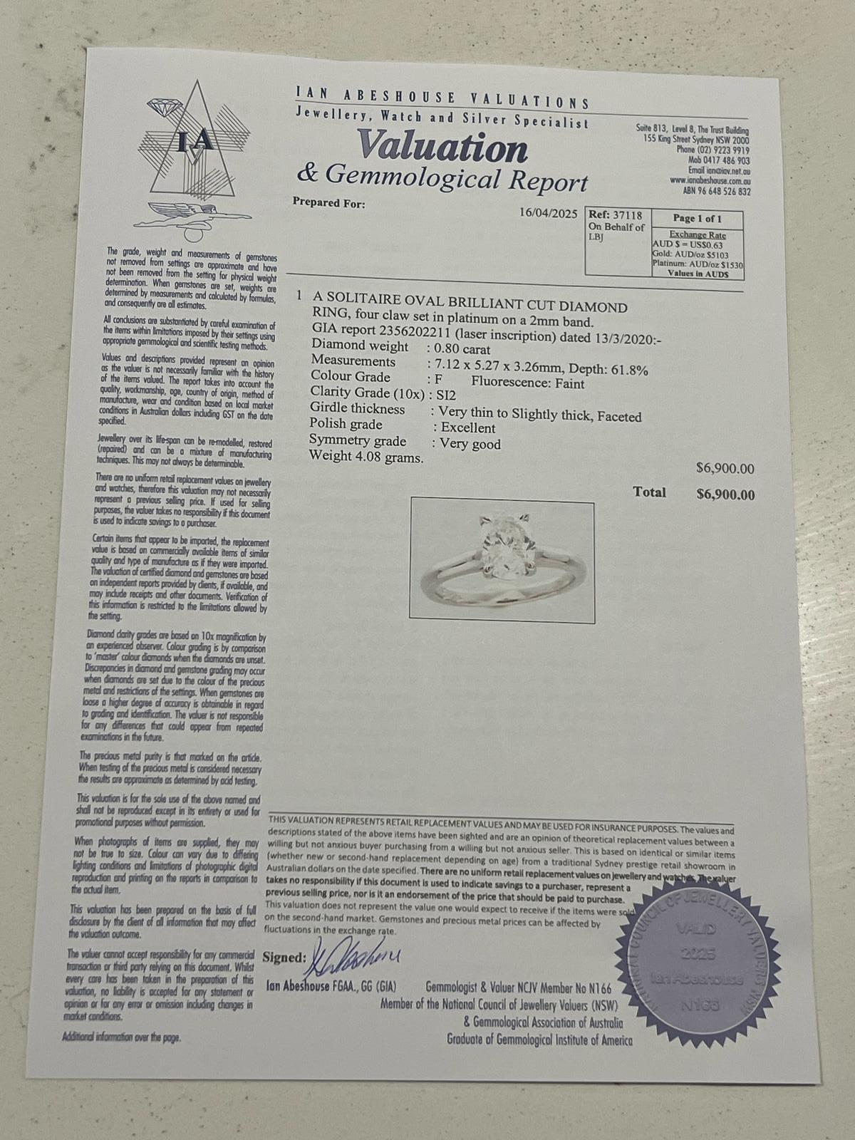 GIA Platinum Oval Brilliant Cut Diamond Solitaire Ring 0.80ct 4.08g For Sale 1
