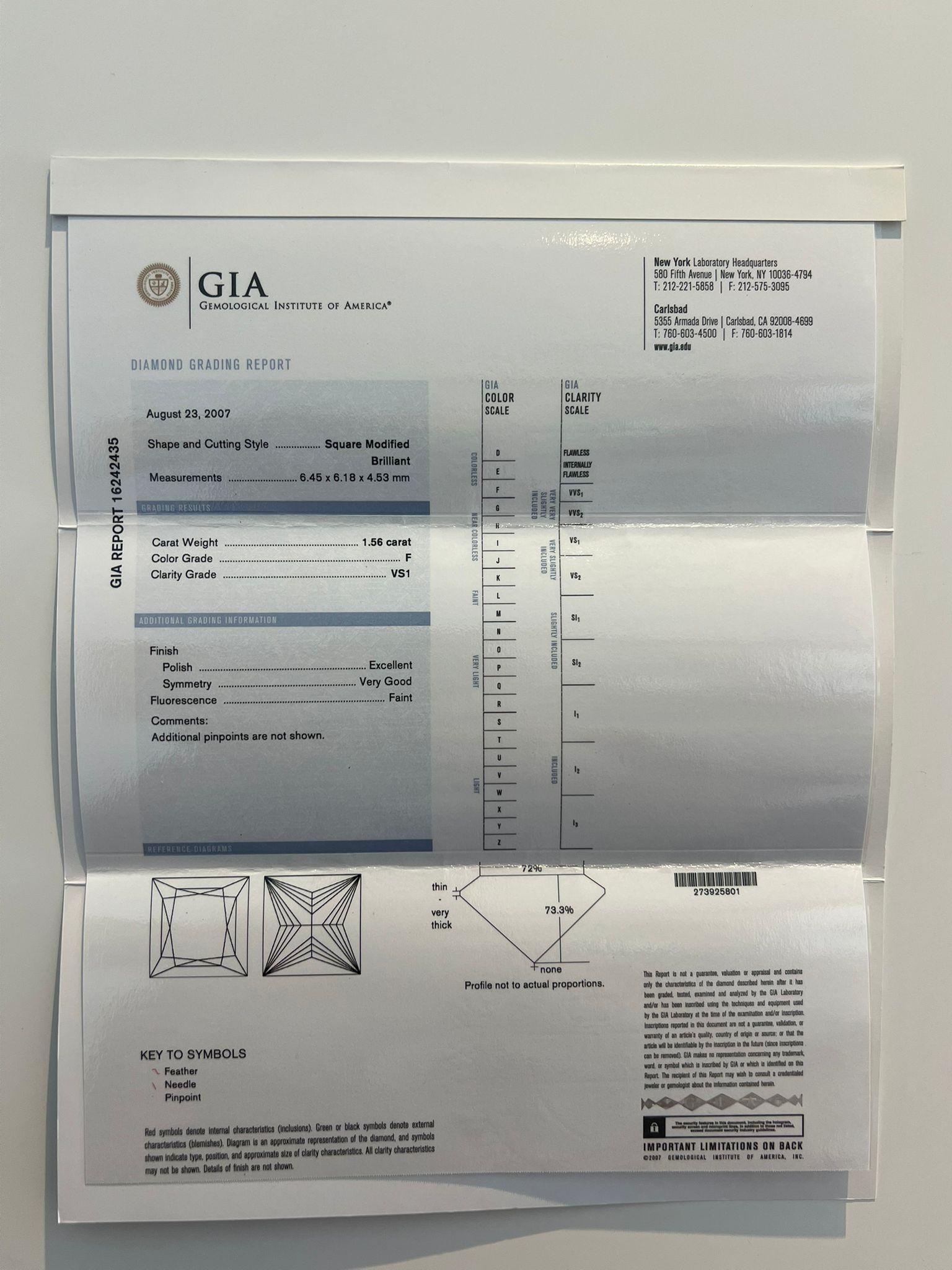 GIA Anillo de compromiso de diamantes talla princesa en platino 1,56 ct en venta 6