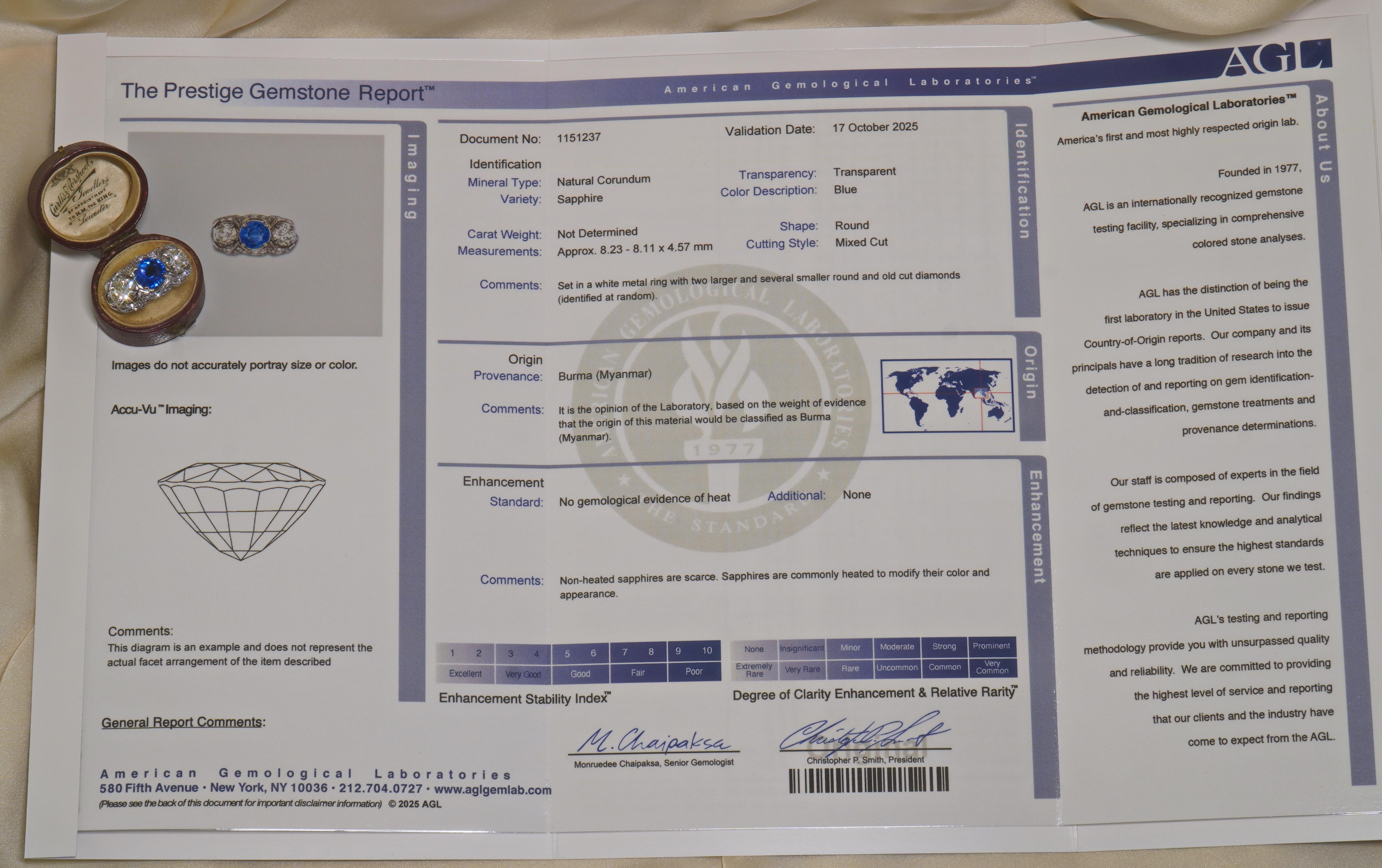 GIA Platino Zafiro Birmania Sin Calor Anillo de Diamantes Antiguos AGL Mina Vieja 6,33 Cts en venta 1