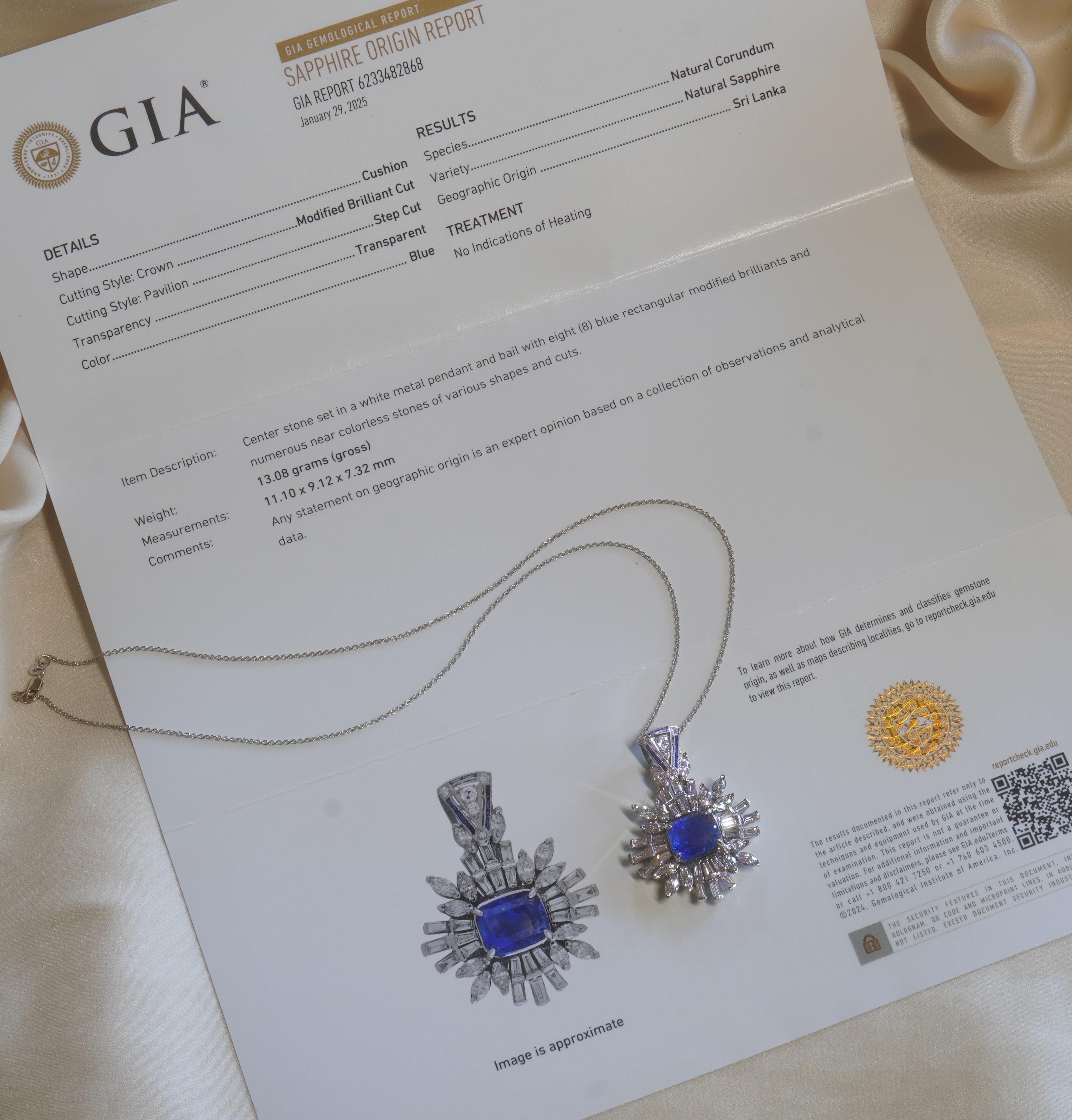 GIA Platino Zaffiro Diamante non riscaldato Ciondolo Vintage VS Collana 14,13 Carati In condizioni ottime in vendita a Sylvania, GA