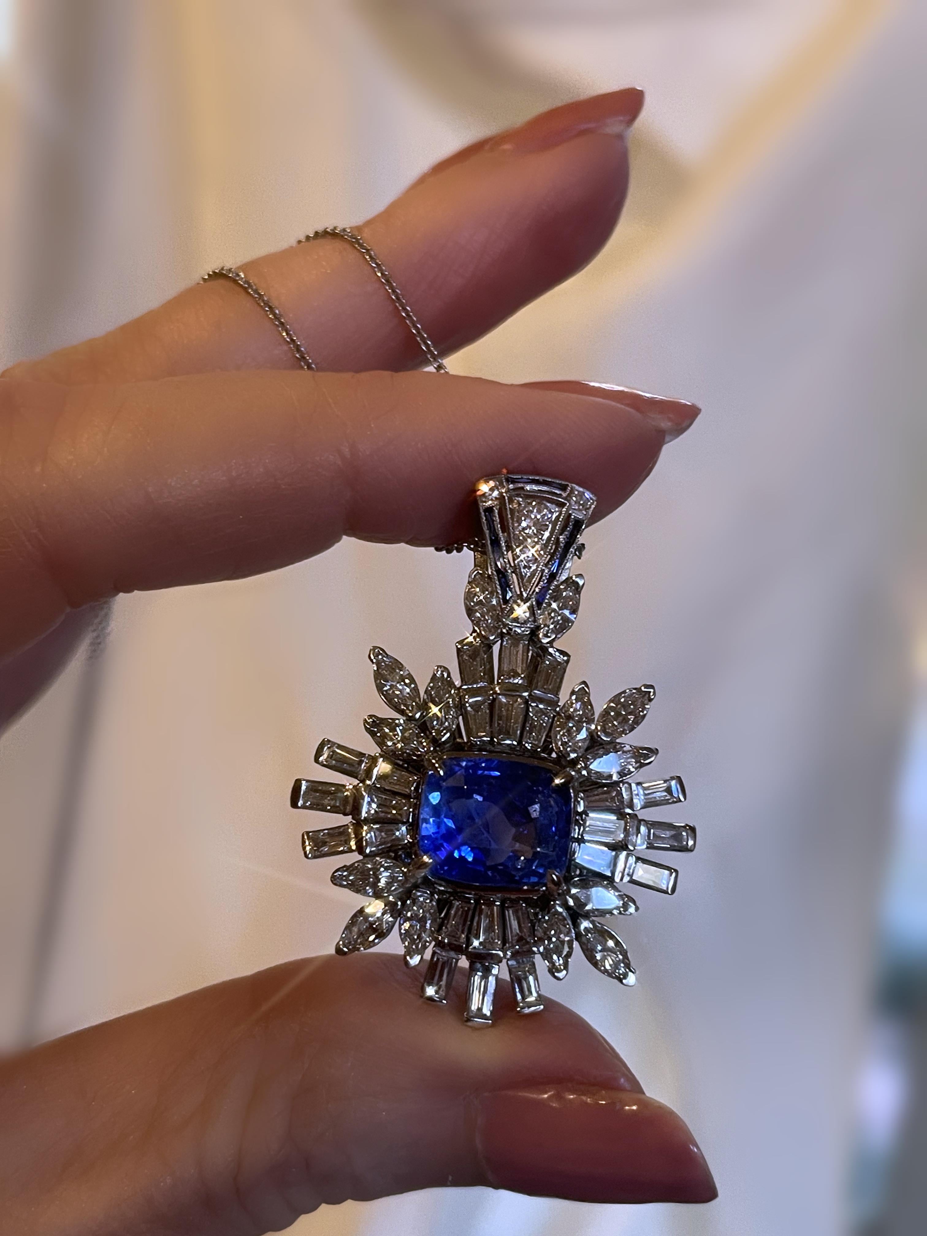 GIA Platino Zaffiro Diamante non riscaldato Ciondolo Vintage VS Collana 14,13 Carati in vendita 2