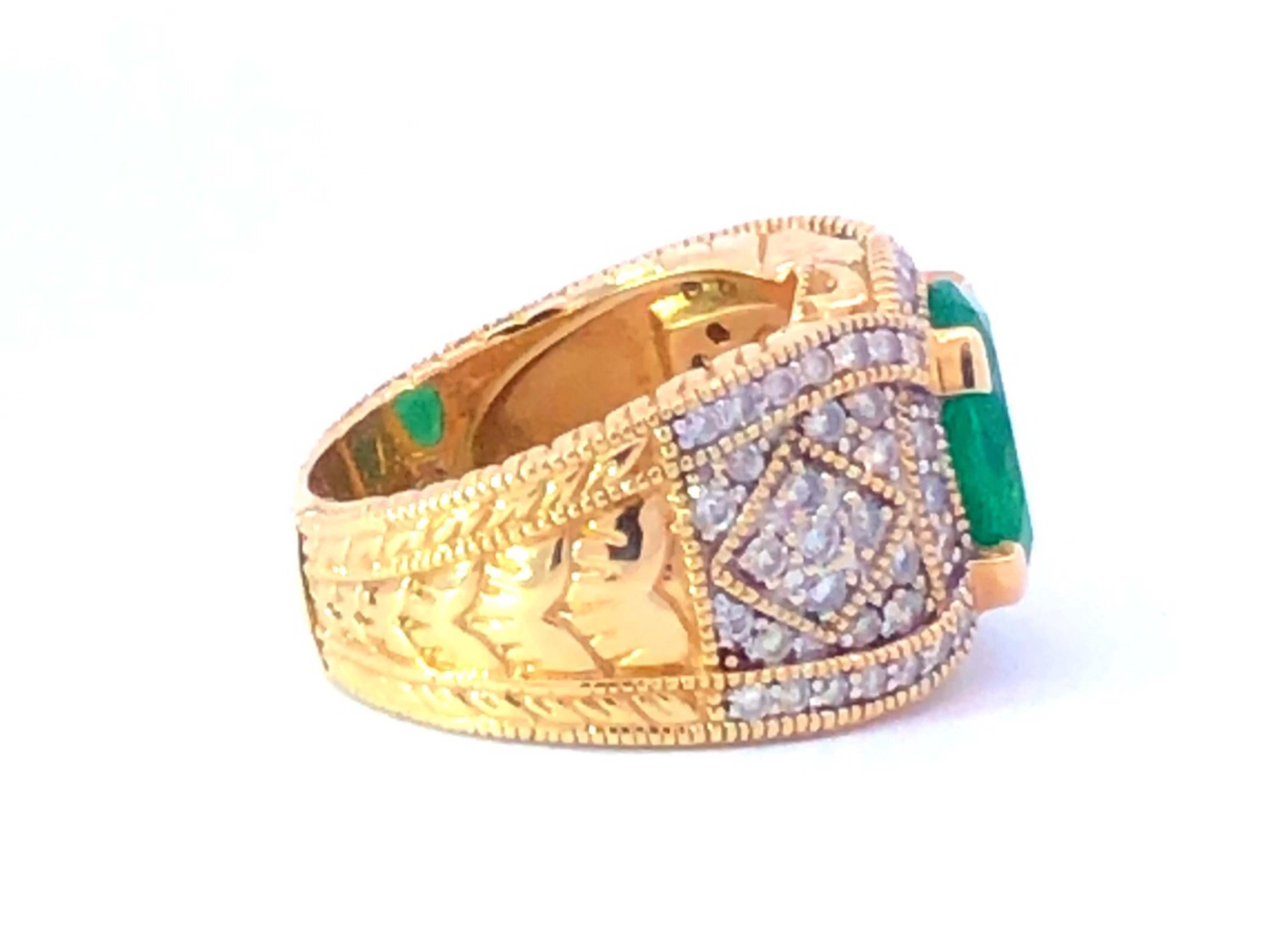 Rare GIA 2.65 Ct. Bague à anneau cigare en or jaune 14 carats avec émeraude de Colombie et diamants en vente 1