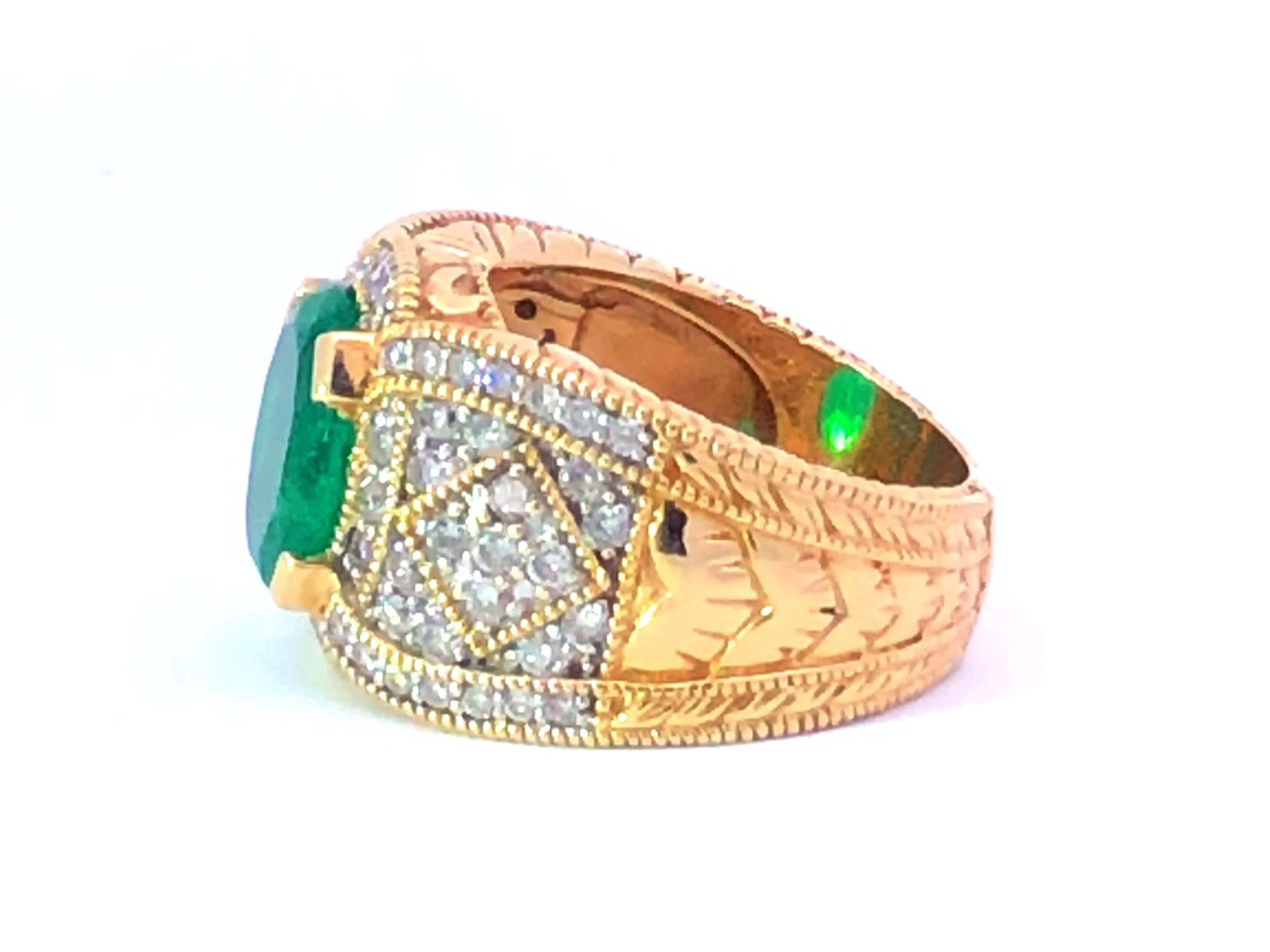 Rare GIA 2.65 Ct. Bague à anneau cigare en or jaune 14 carats avec émeraude de Colombie et diamants en vente 2