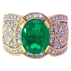 Retro GIA Rare 2.65 Ct. Colombian Emerald & Diamond Cigar Band Ring in 14k Yellow Gold