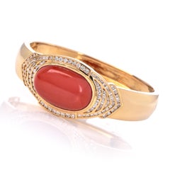 GIA Red Coral Diamond 18K Gold Statement Cuff Bracelet