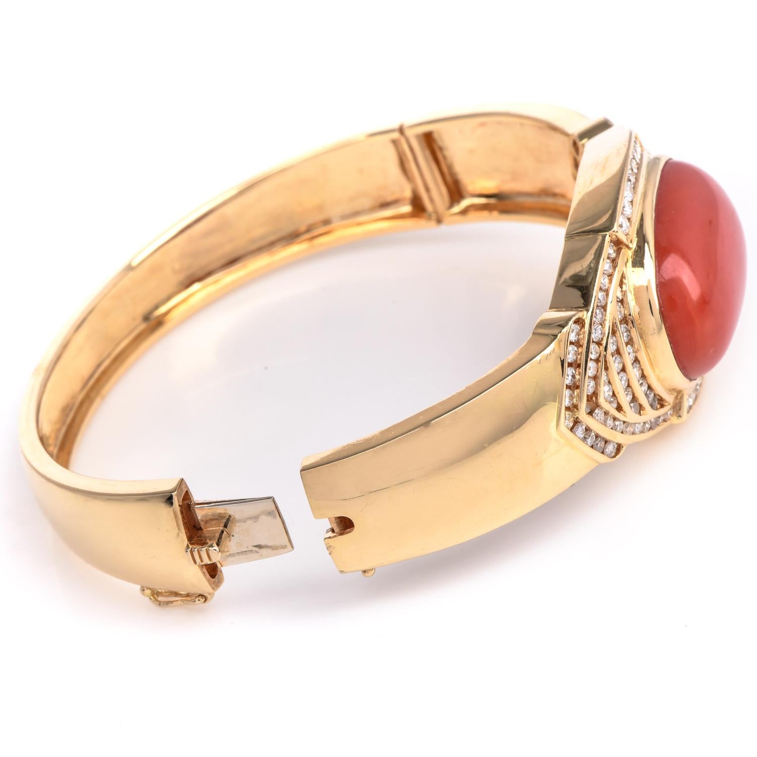 Cabochon GIA Red Coral Diamond 18K Gold Statement Cuff Bracelet For Sale