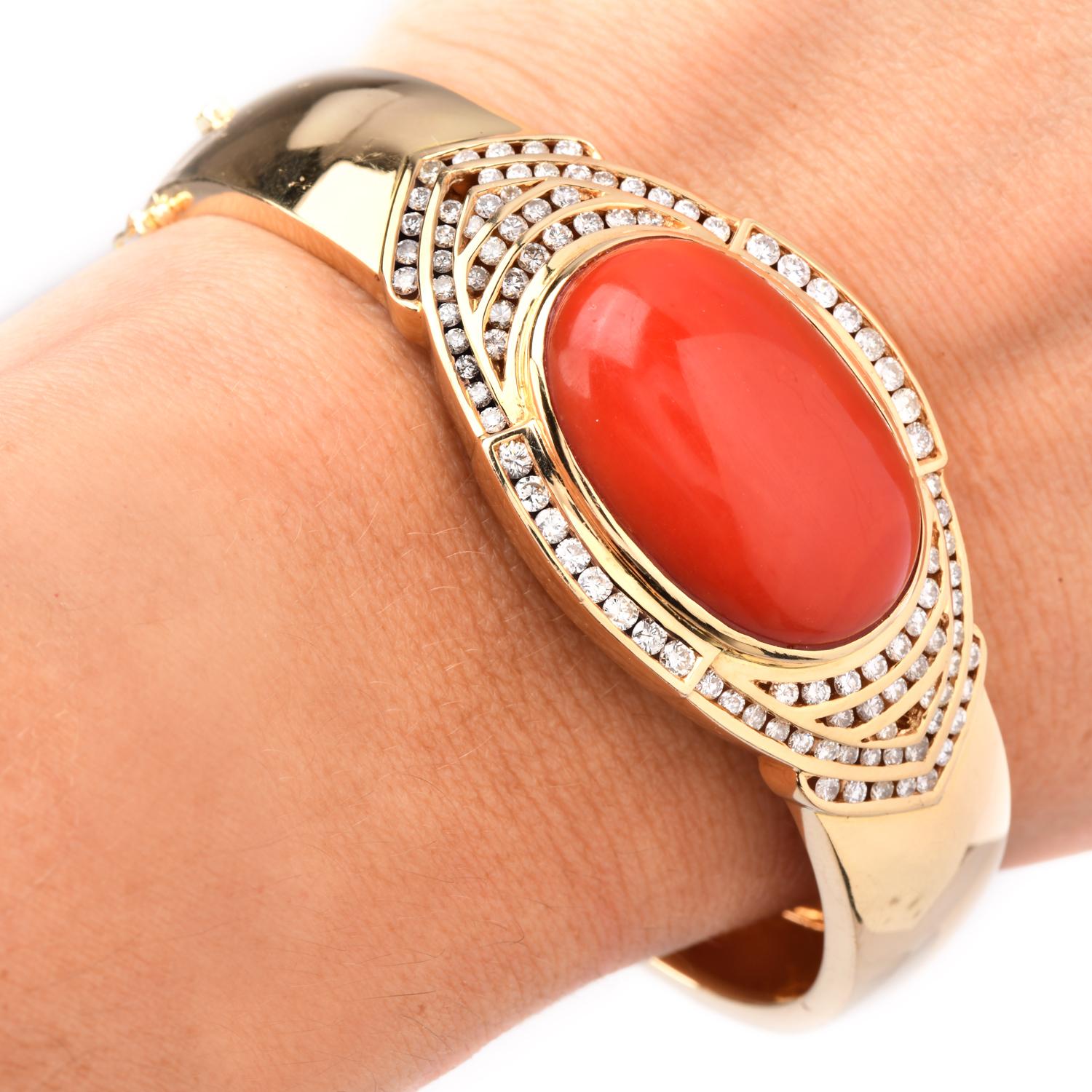 GIA Red Coral Diamond 18K Gold Statement Cuff Bracelet In Excellent Condition For Sale In Miami, FL